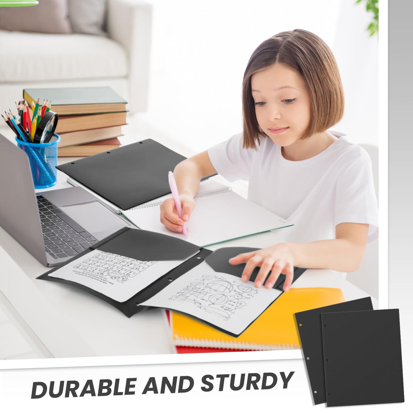 Yeaqee 50 Pcs Plastic Folders with Pockets Bulk 3 Hole Punched 2 Pocket File Folders for 3 Ring Binder Divider Folder for Notebooks, Durable Poly for Office Home (Black)