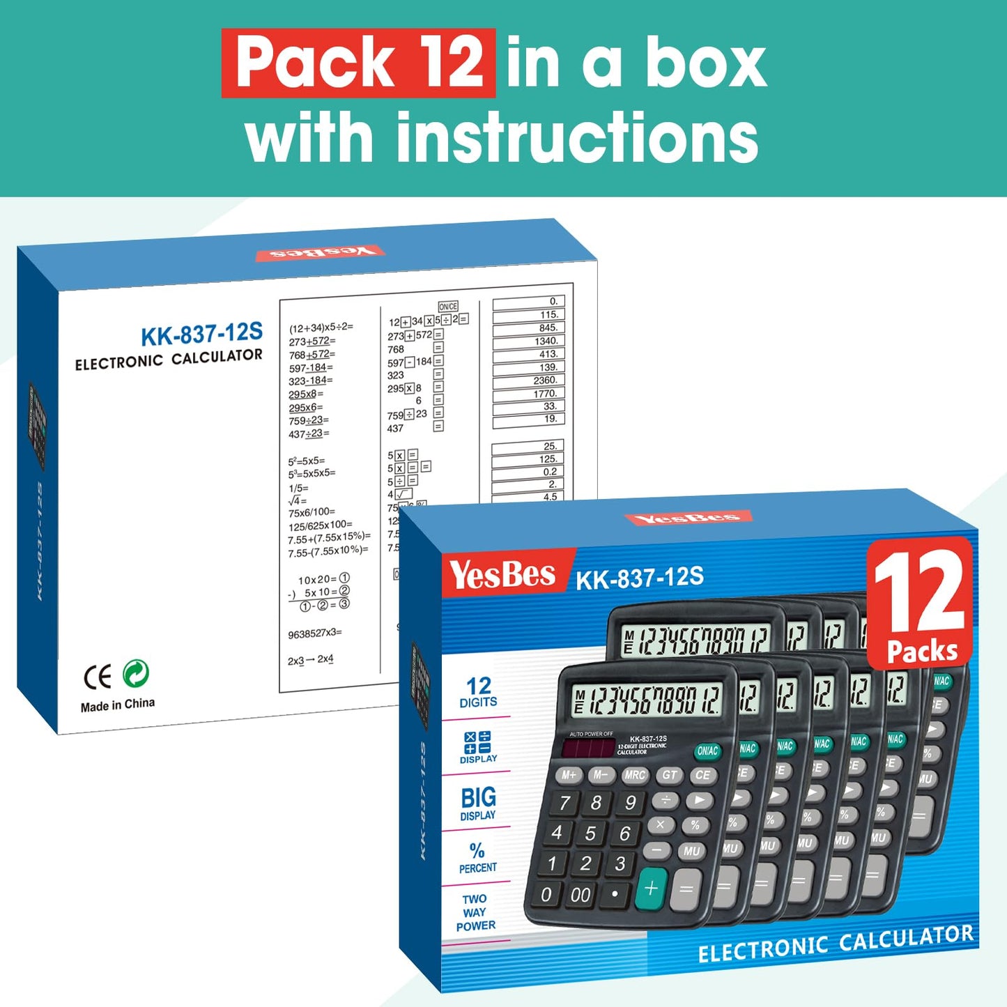 12 Pack Calculator Bulk, 12 Digits Calculators Desktop with Large LCD Display and Sensitive Butto, Solar and Battery Dual Power, Desk Calculator for Office, School, Home
