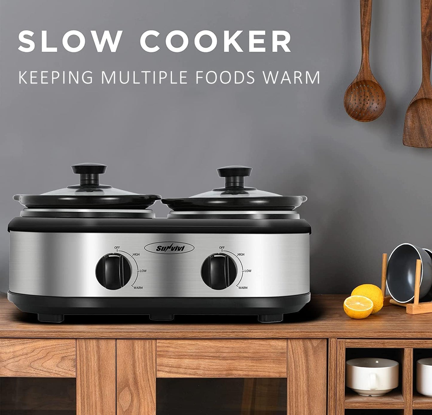 Sunvivi Dual Slow Cooker, Buffet Server and Food Warmer, Small Mini Pot with 3 Adjustable Temp & 2 Visible Glass Lids, for Parties, Holidays and Entertaining, Stainless Steel, 2 * 1.25 Quarts