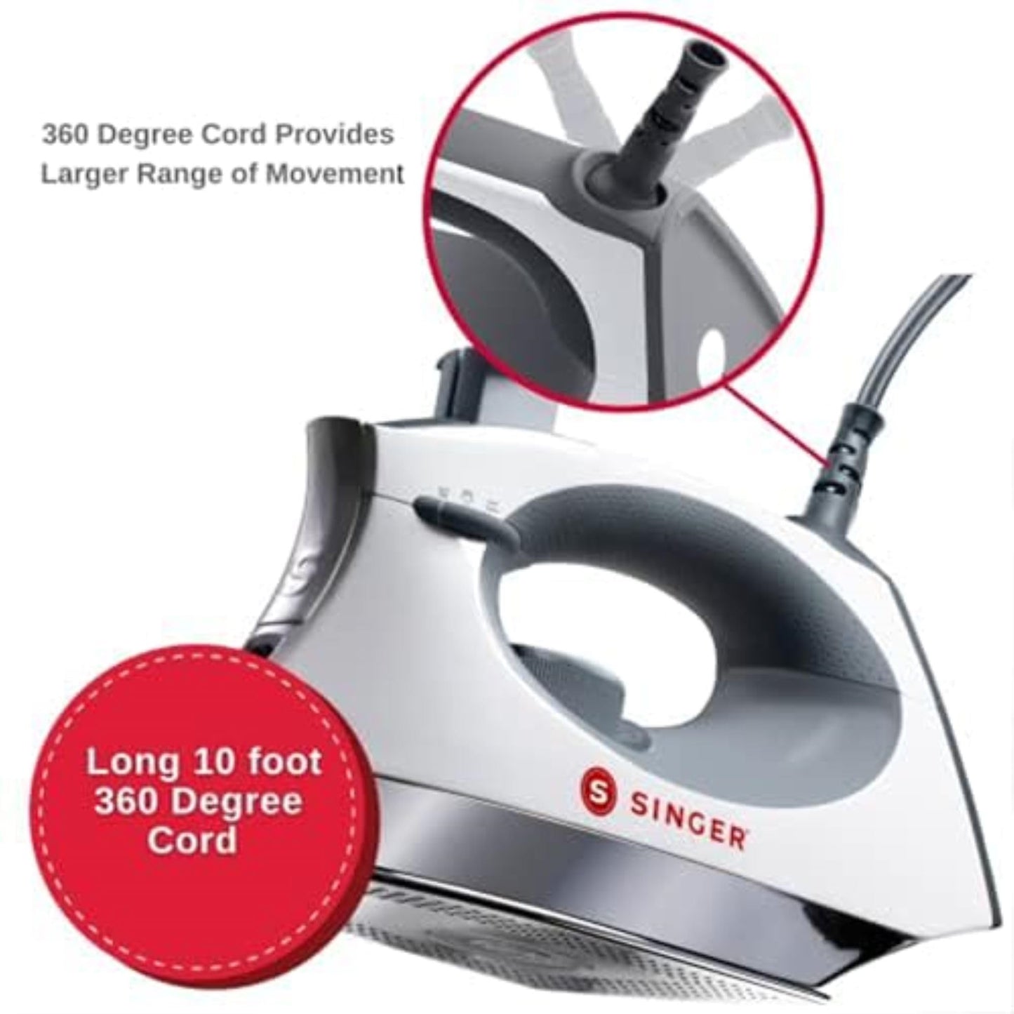 SINGER SteamCraft Steam Iron (1700W) | Steamer with Stainless Steel Plate, OnPoint Precision Tip for Hard-to-Reach Areas, Vertical Steam, Auto Shutoff & 300ml Tank Capacity – White
