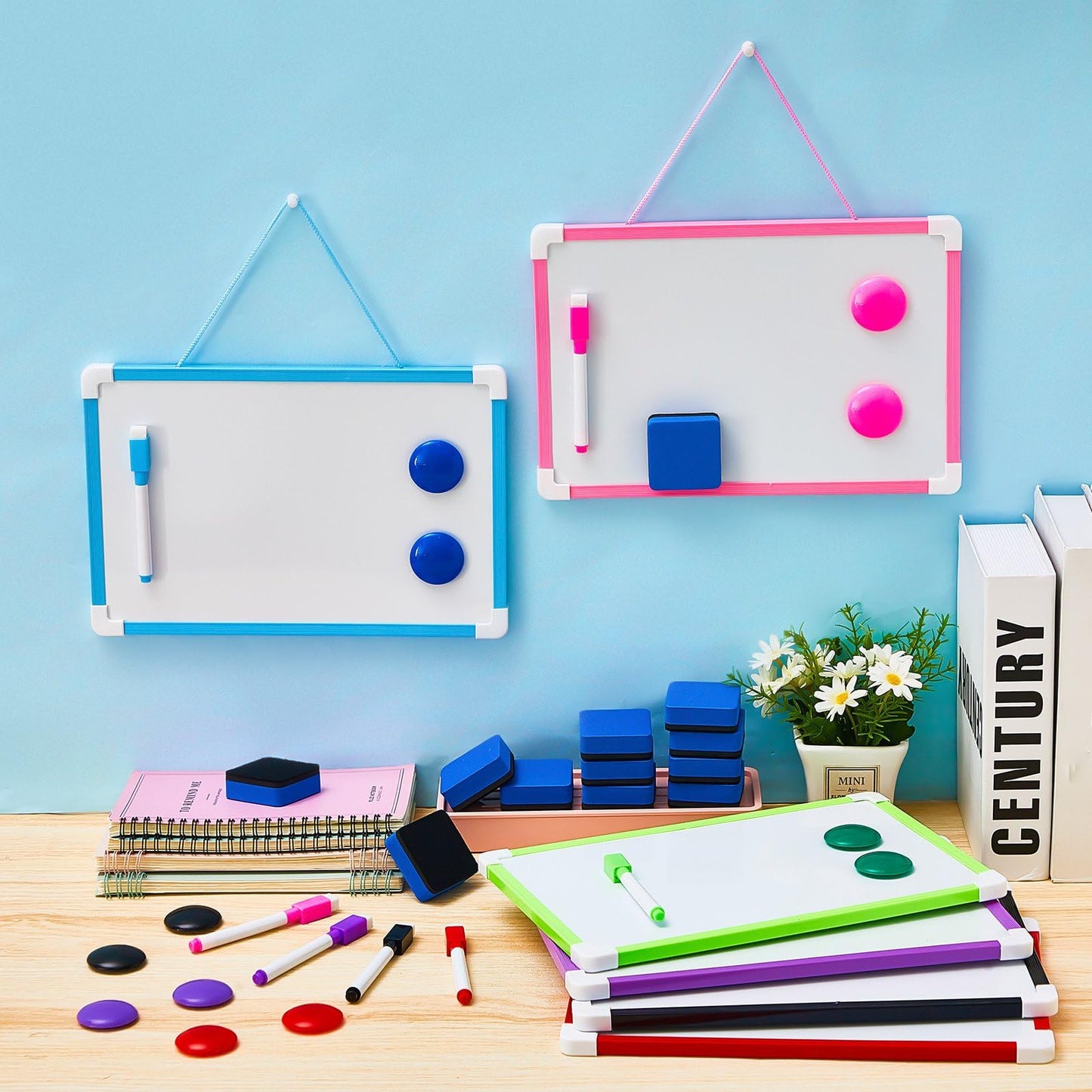 Colarr 24 Pack Hanging Magnetic Dry Erase Board 8'' x 12'' Small Double Sided White Board for Students Teachers Mini Whiteboard Bulk School Supplies Including Markers Magnetic Buttons and Blue Erasers