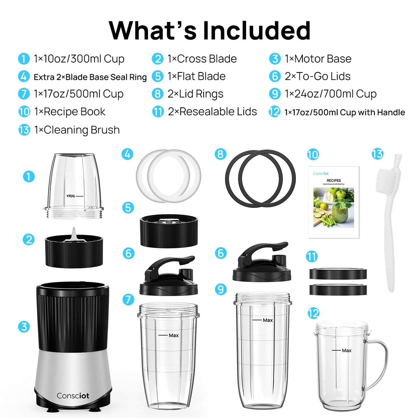 Consciot CB08 16-Piece Blender & Grinder Combo for Kitchen and Personal Size, Blend Shakes and Smoothies, Frozen Drinks, Baby Food, Spreads & More, 4 BPA-Free Portable To-Go Cups, 900 Peak Watts