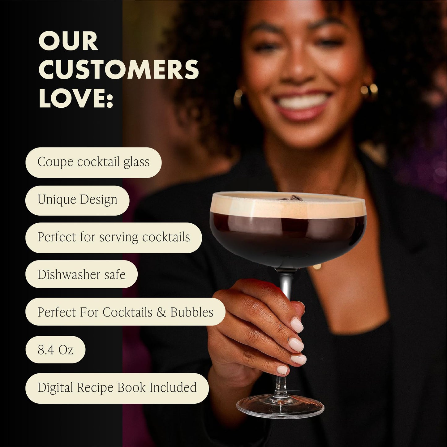 VEMACITY - Elegant Espresso Martini Glasses Set of 4 (10oz) - Classic Coupe Glasses for Martinis, Champagne, Margaritas | Handblown Crystal Cocktail Glassware | Ideal for Martinis and Cocktails
