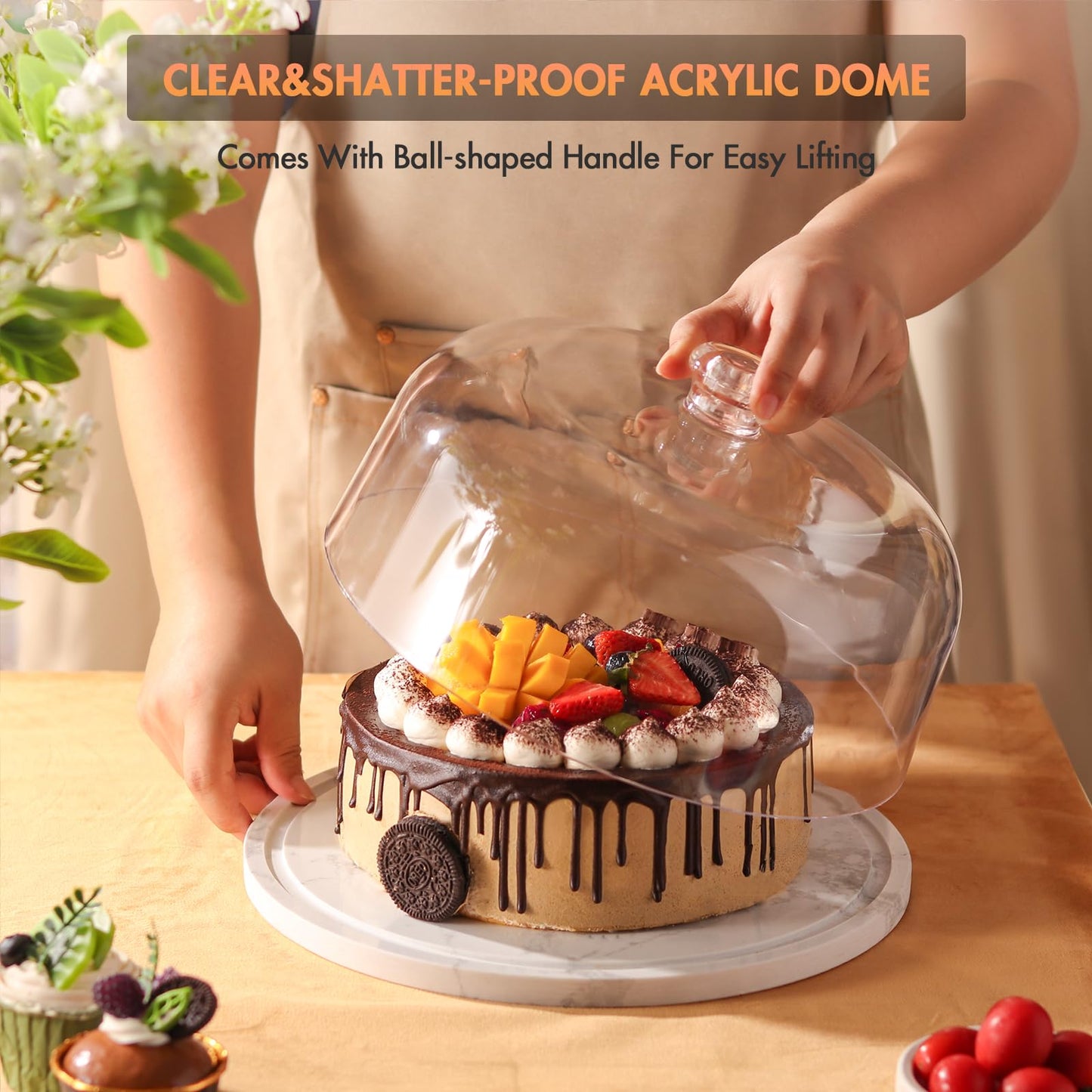 Marble Cake Stand with Dome,11.8in White Marble Dessert Stand with Acrylic Lid Cover,Heavy Duty Stone Serving Display Plate for Cakes,Cheese,Pastry,Stone Platter for Birthday/Kitchen/Party/Wedding