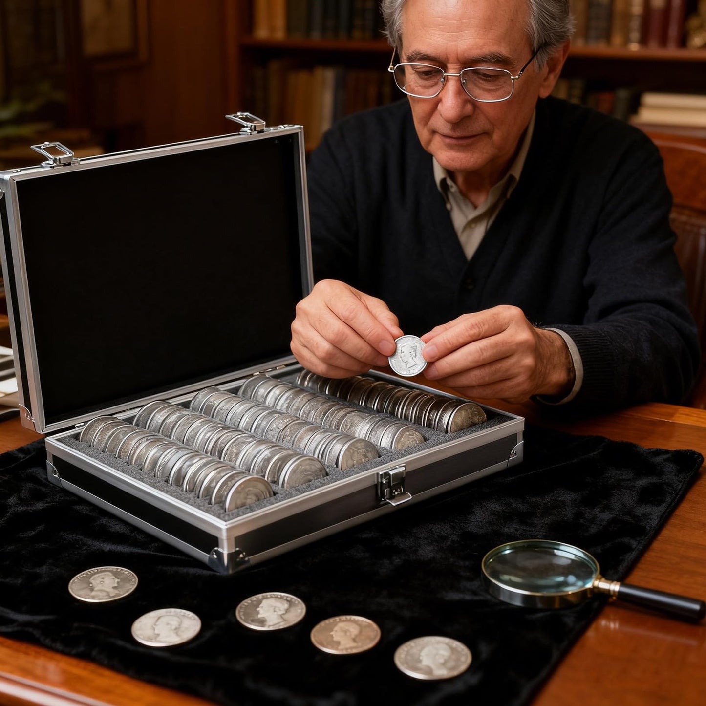 Dnoifne Aluminum Alloy Coin Storage Box with 60 Holders, Fits 6 Sizes (20/25/27/30/38/46 mm), Portable Coin Organizer Case with Foam Inserts & Gaskets, Durable Travel Coin Collection Carrying Case