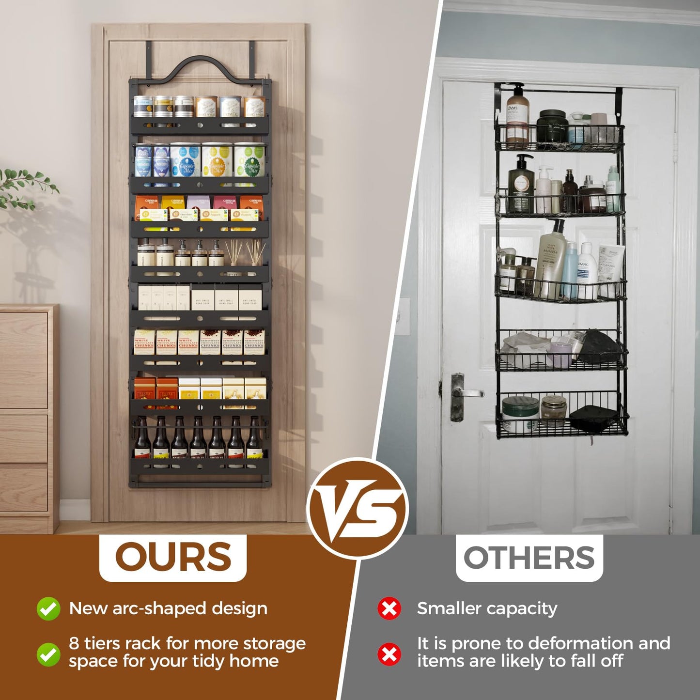 Freexployer 8-Tier Over The Door Pantry Organizer, Large 2 IN 1 Wall Mount or Hanging Spice Rack, Pantry Door Organizer and Storage with Adjustable Basket, Door Spice Rack for Pantry, Black