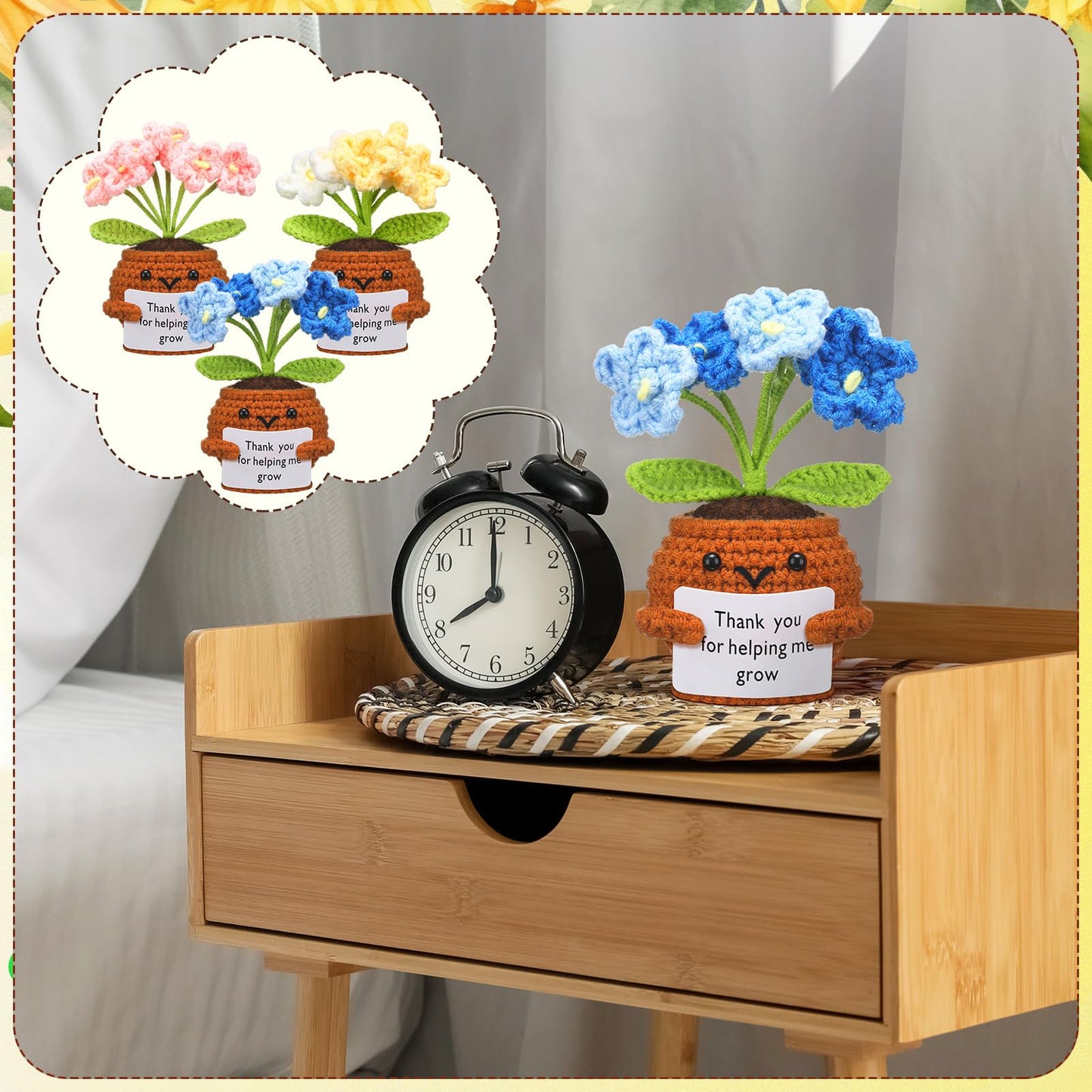 Wavwavw 3 Pack Teacher Appreciation Gift Positive Flower Handmade Crochet Doll Thank You for Helping Me Grow Gifts Back to School Gifts for Women Teacher(Forget Me Not)