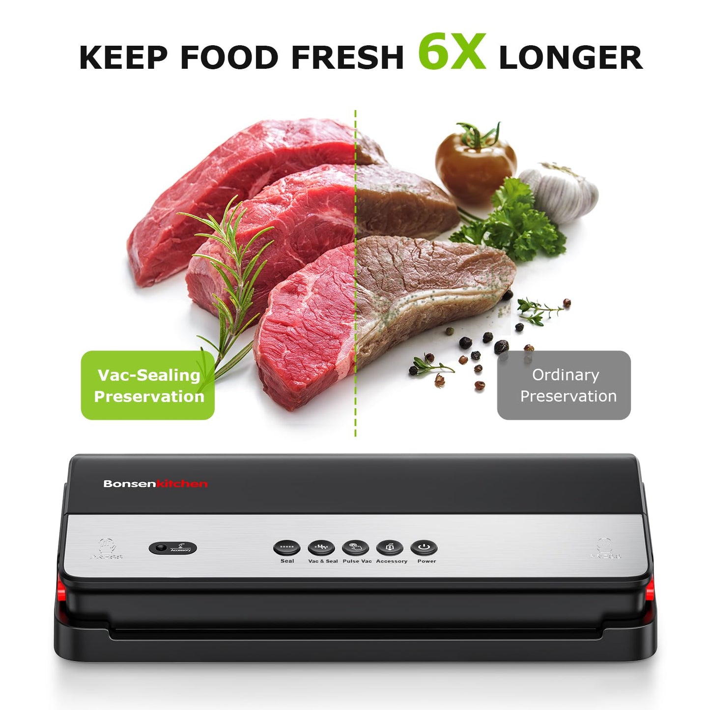 Bonsenkitchen Vacuum Sealer, Multi-Functional Food Sealer with 1 Roll Bag+ 50 Bags, Fast-Compact Design | Bag Storage | Built-in Cutter, External Vacuum System & Accessory Tube, Silver
