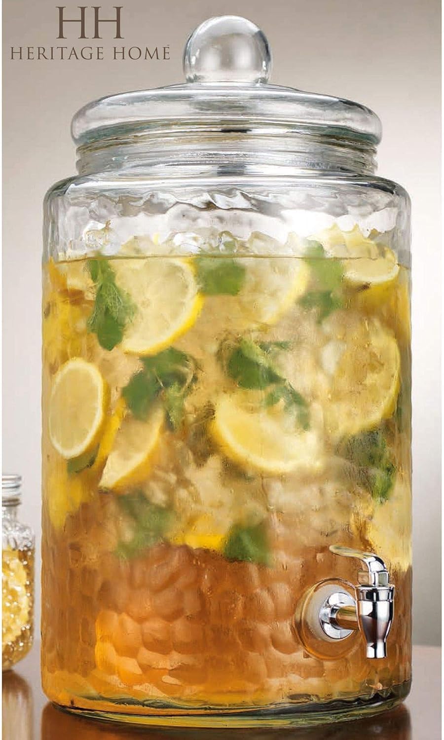 MosJos 3 Gallon Classic Hammered Glass Ice Cold Beverage Drink Dispenser - With Glass Lid 100% Leak Proof Spigot- Wide Mouth Easy Filling For Outdoor, Parties & Daily Use