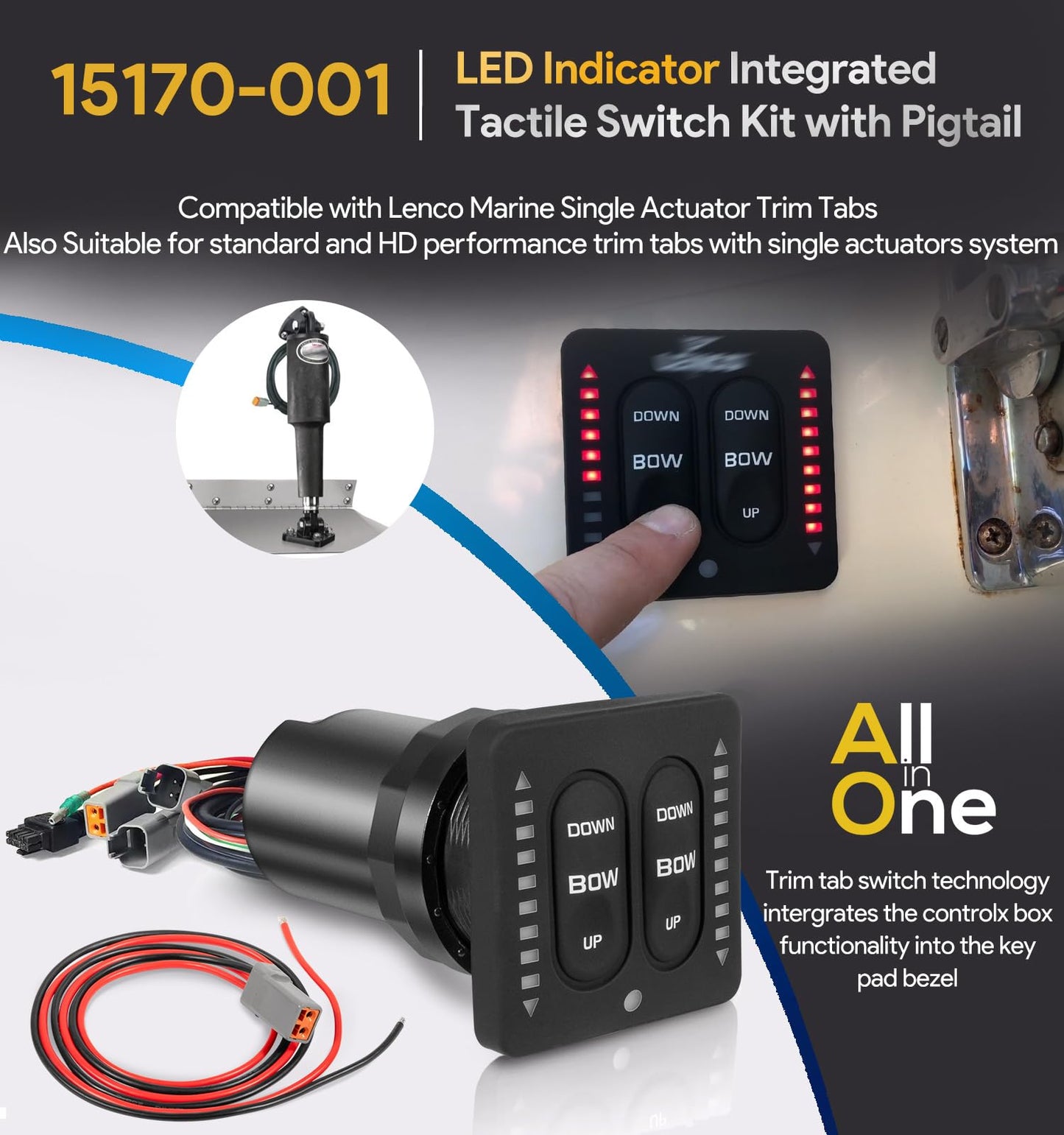 15170-001 LED Indicator Integrated Tactile Trim Tab Switch Kit with 36" Pigtail – Compatible Replacement for Lenco Marine Single Actuator Trim Tab Systems – Backlit Keypad, Auto-Retract