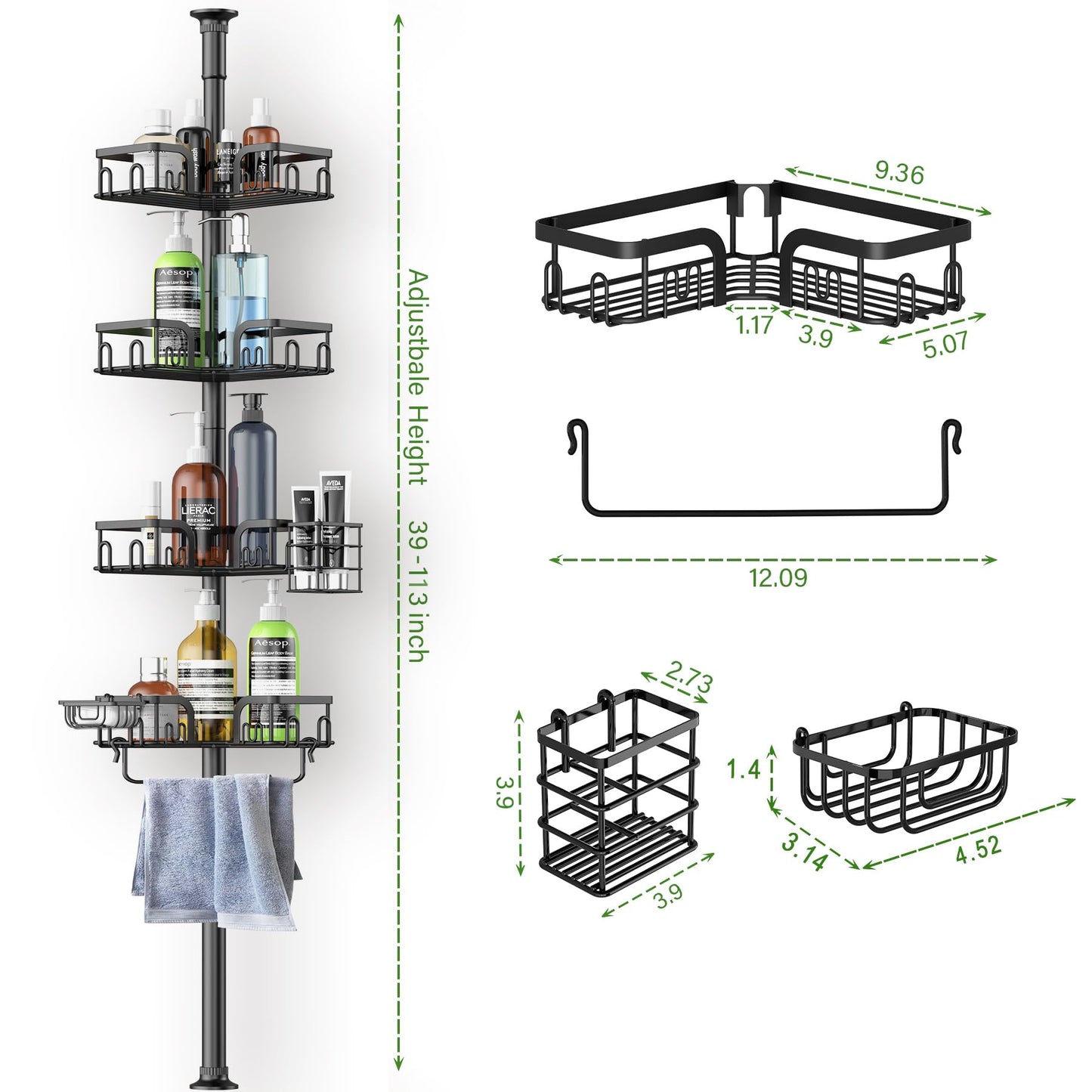 Clothink Corner Shower Caddy Tension Pole 4 Tier Adjustable Stainless Steel Shower Shelf for Inside Shower Bathtub Shampoo,Standing Bathroom Organizer Shelves with 39 to 113 inch Height