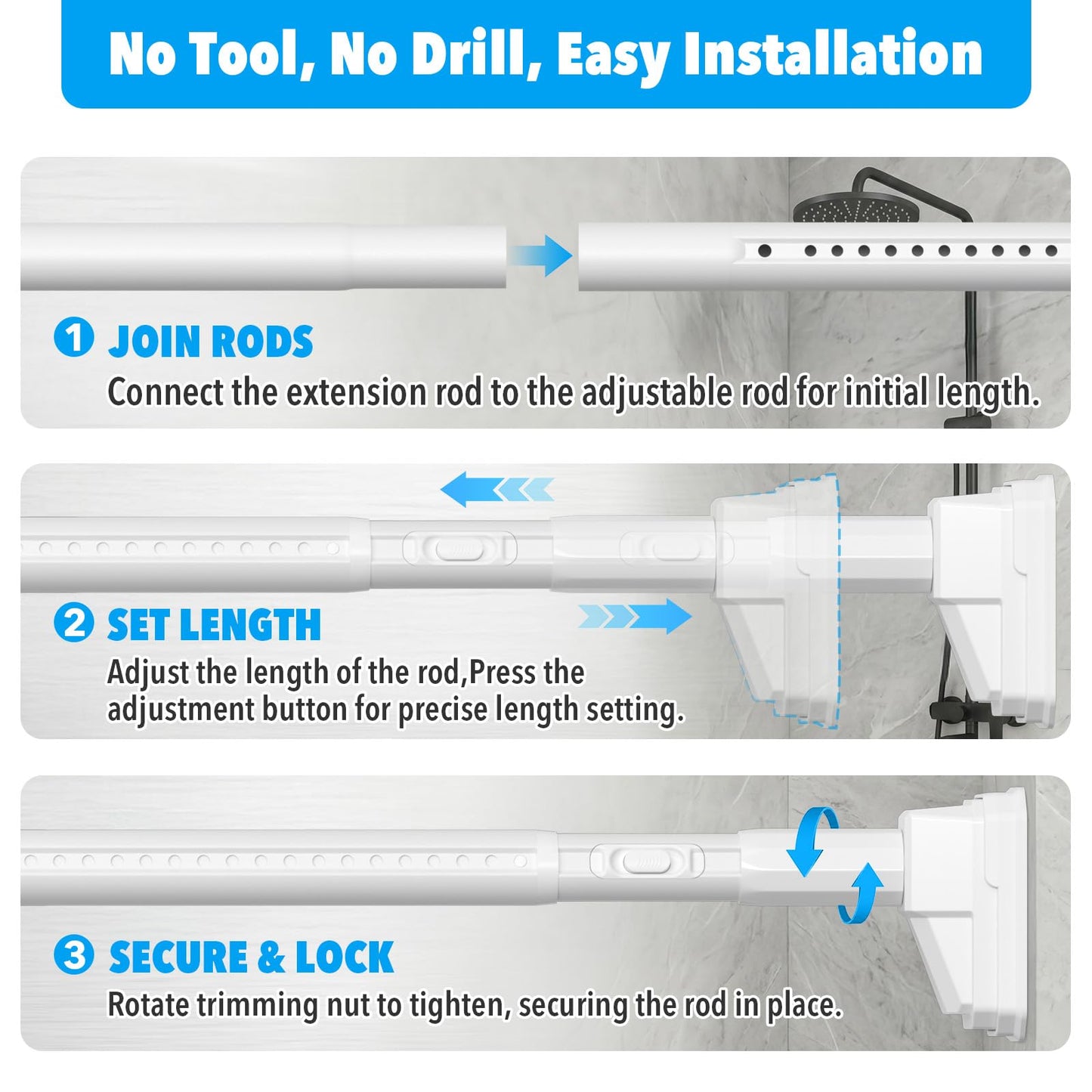 Tension Curtain Rod 41-185 In (4-15ft), Extra Long Tension Rod No Drilling For Patio Windows, White Shower Curtain Rod For Room Divider,One-Click Telescopic Rod, Outdoor Curtain Rods Never Rust