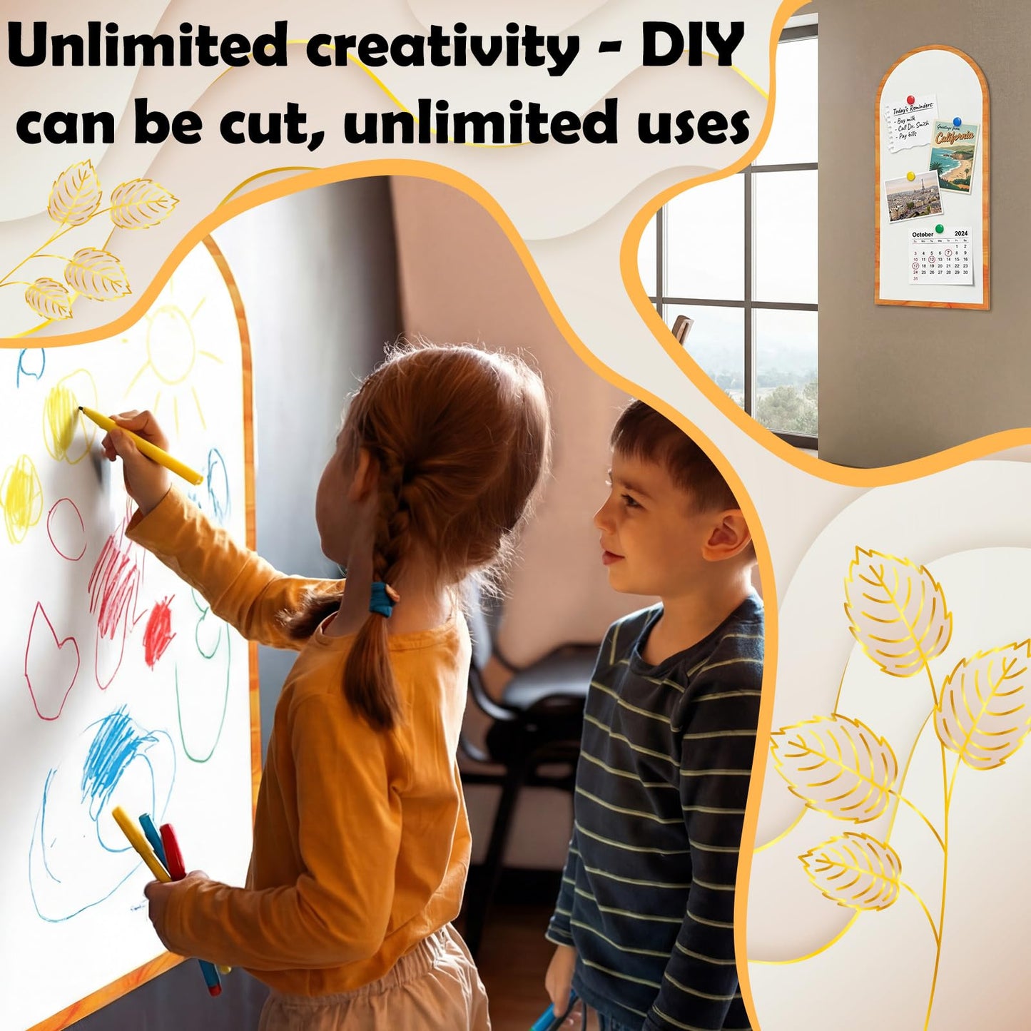 FunooFuno 2 Pcs Magnetic Wall Arch Decal 40"x 18" White Magnetic Wall Whiteboard with Wood Grain Borders Adhesive Magnet Dry Erase Board Sticker for Home Offices Classrooms