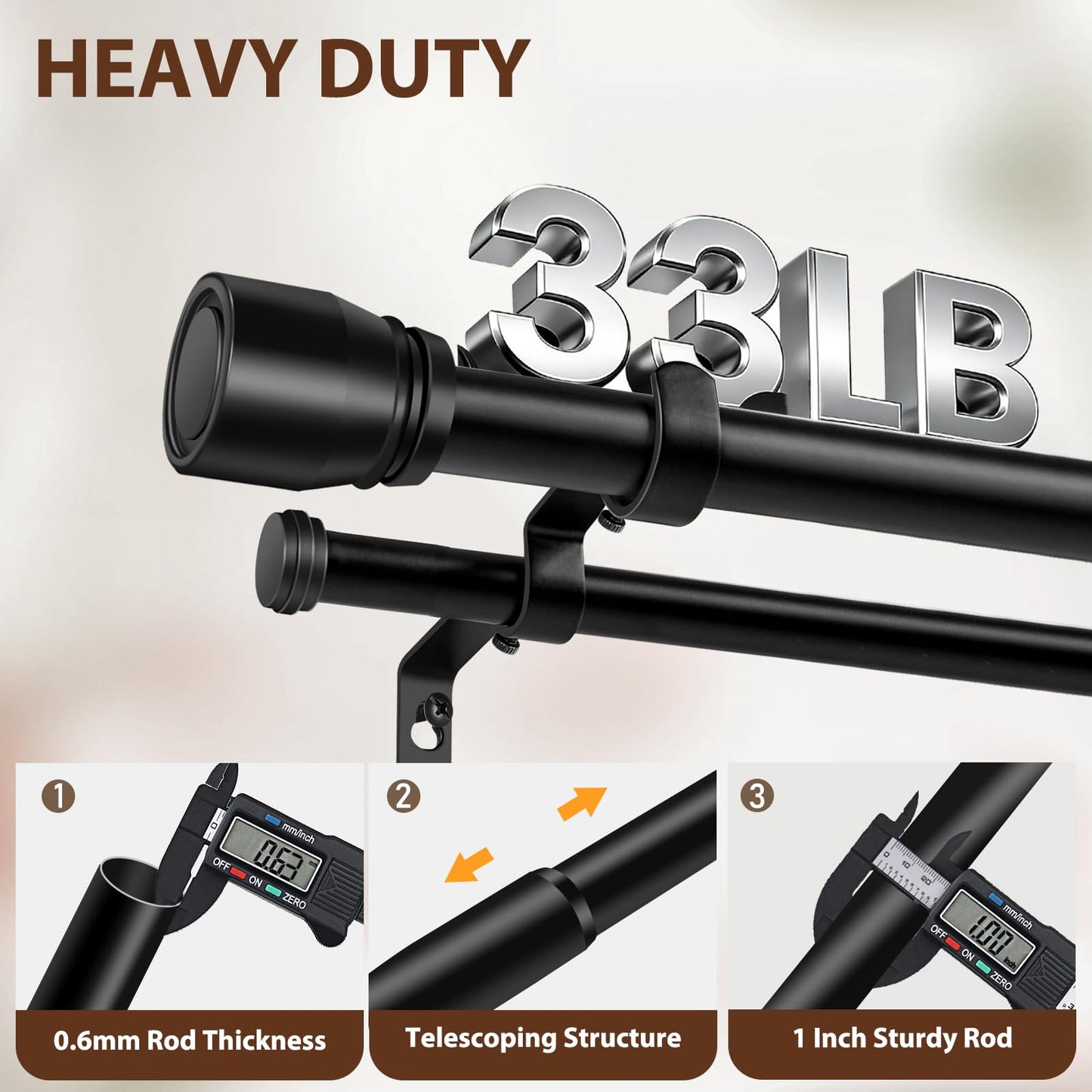 Heavy Duty Double Curtain Rod 84-120 Inch Length, 1 Inch Adjustable Matte Black Double Curtain Rod with Brackets, Long Double Curtain Rod for Windows Sliding Door (Black, 32-120", 1 PCS)