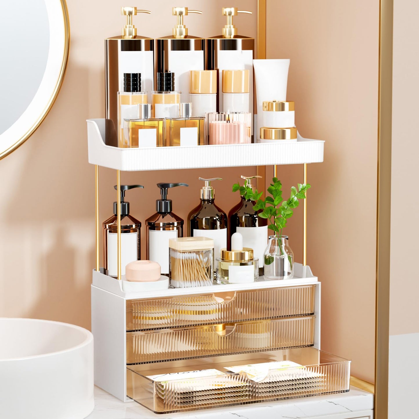 StorBin 2 Sets 6 Drawers Makeup Organizer – 5 Tier Bathroom Organizers and Storage, Versatile Perfume Vanity Organizer, Ideal for Cosmetic, Large Skincare, Face Mask, Office Supplies, Amber