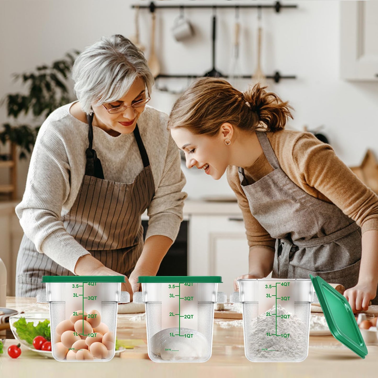 FeyBuosk 4 pcs 4qt Food Storage Containers with Lid, Square Clear Commercial Food Storage Containers with Handle and Scale for Food Storage in Home Kitchen & Dining (Green)