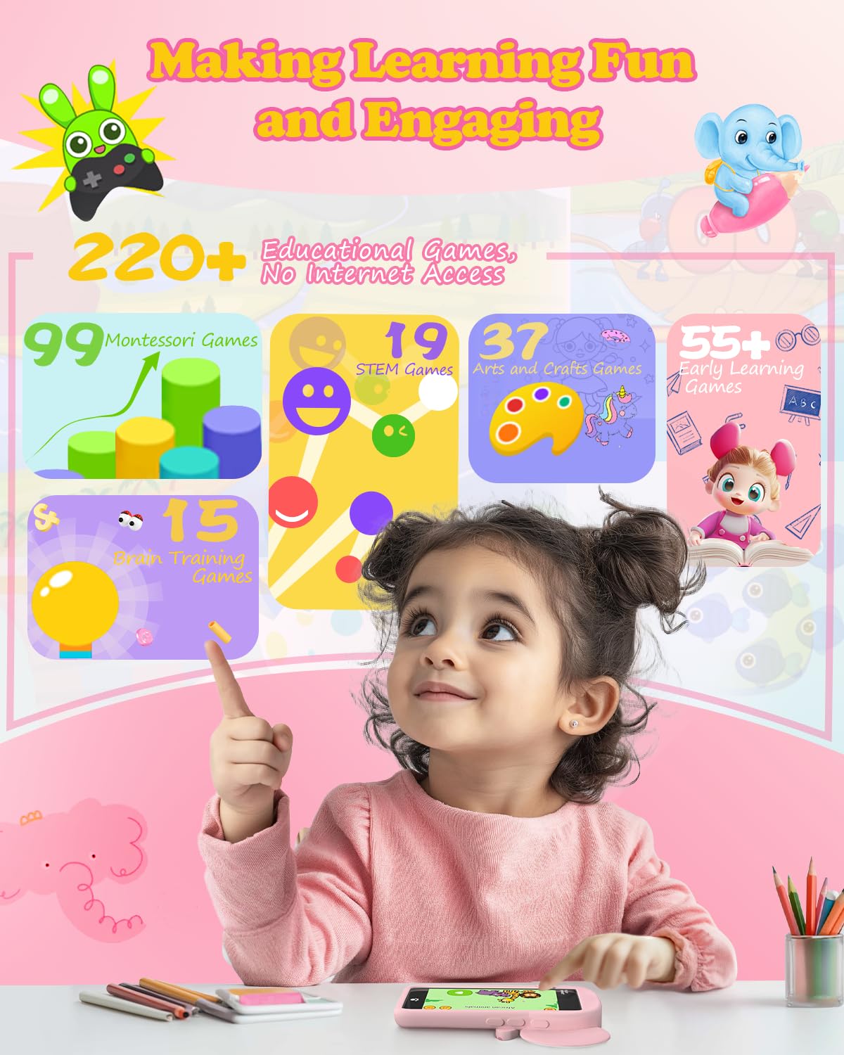 MOMILLA Kids Toys Smart Phone, 3.97" Touchscreen Toddlers Kids Smart Phone, Birthday Gifts for Girls Age 3 4 5 6 7 8 9 10 Year Old, Learning Toys Play Cell Phone with Front Camera, Games