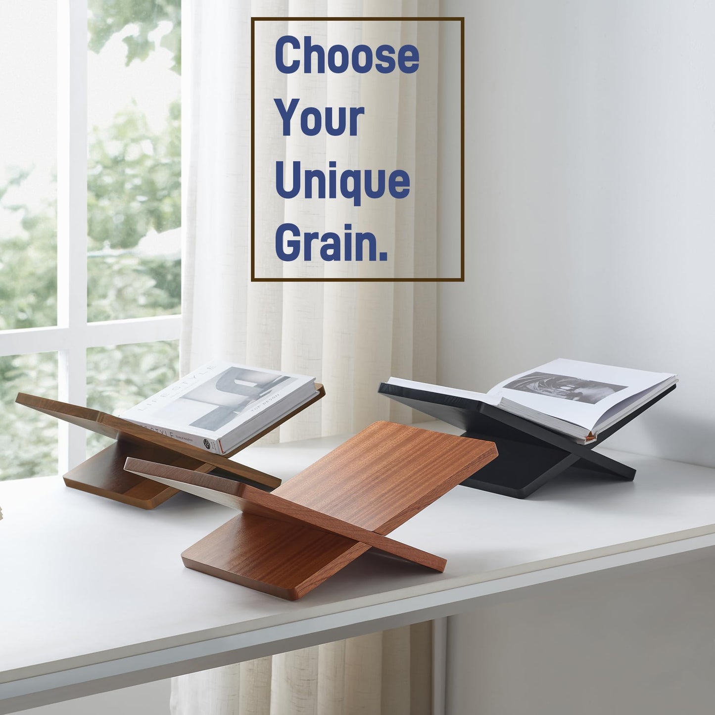 DECORANY Solid Wooden Book Stand for Desktop Display & Reading –15.7" x 9.4" x 5.7” Extra Large Wood Open Book Holder for Cookbook, Bible, Recipe, Textbook, Magazine (Solid Black Finish Wood)