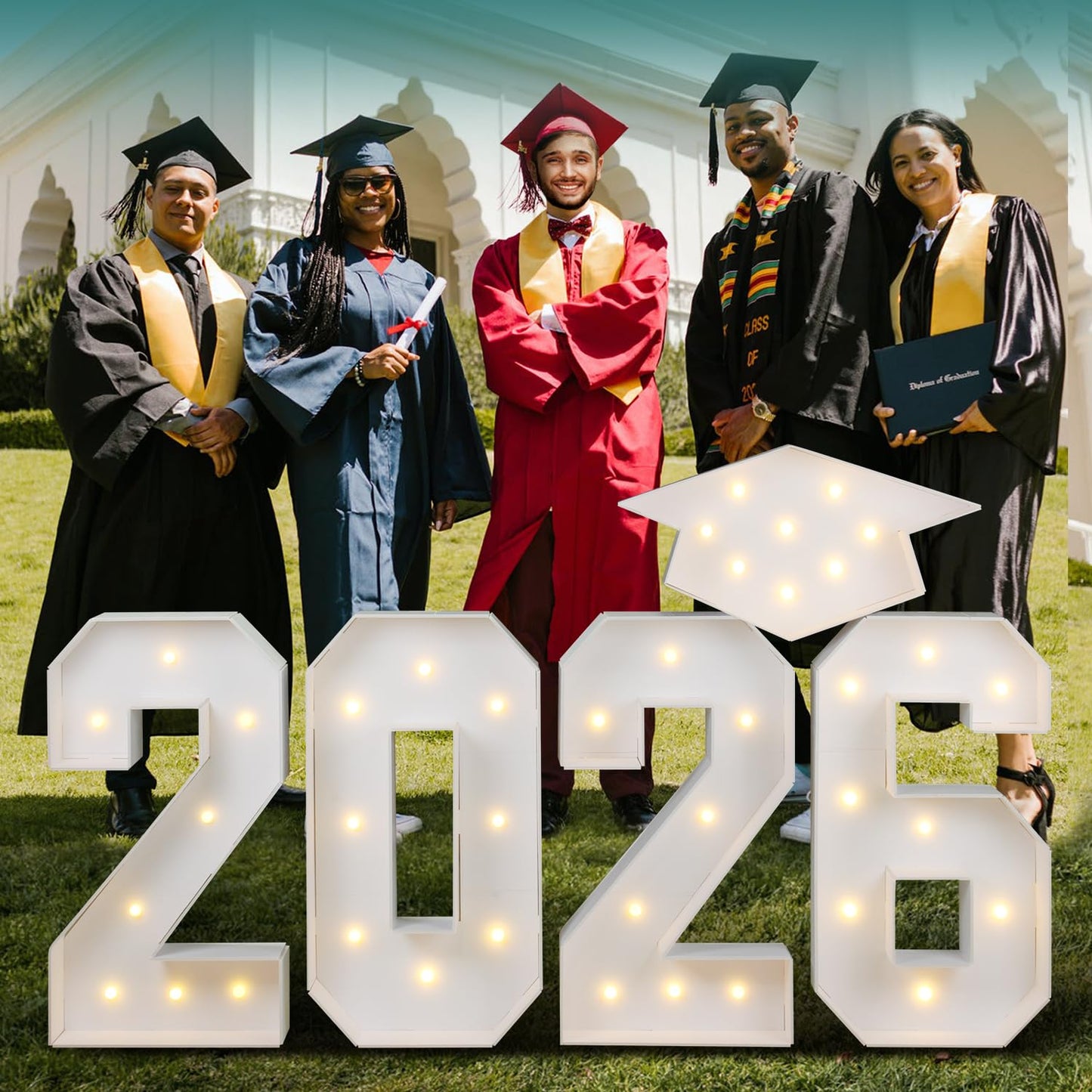2026 Graduation Party Decorations - 2.3FT Pre-Cut 2026 Marquee Numbers Sign with Light - Mosaic Foam Board Includes Glue Gun Balloons for Kindergarten Preschool College Prom