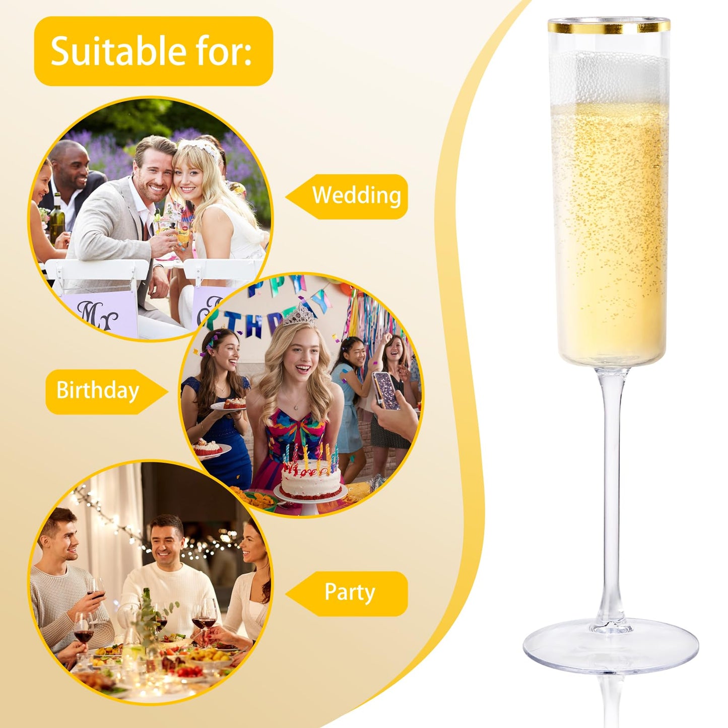 Ciaell 24 Pack Plastic Champagne Flutes - 6Oz Gold Rim Disposable Champagne Glasses - Square Clear Plastic Toasting Glasses for Party Birthday Anniversary Wedding