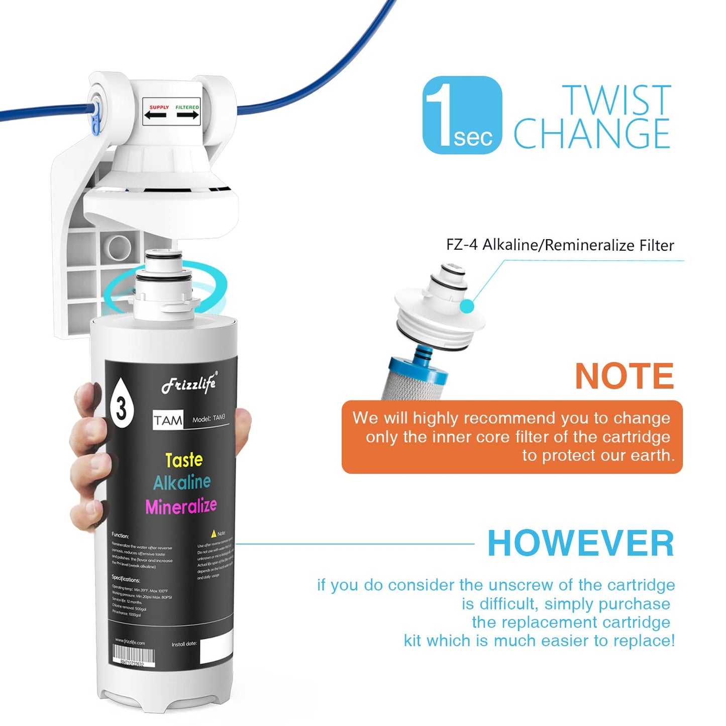 Frizzlife Replacement Filter Cartridge For TAM3, With FZ-4 Cartridge Inside, For PD600-TAM3 Osmanic System & TAM3 Alkaline Filter