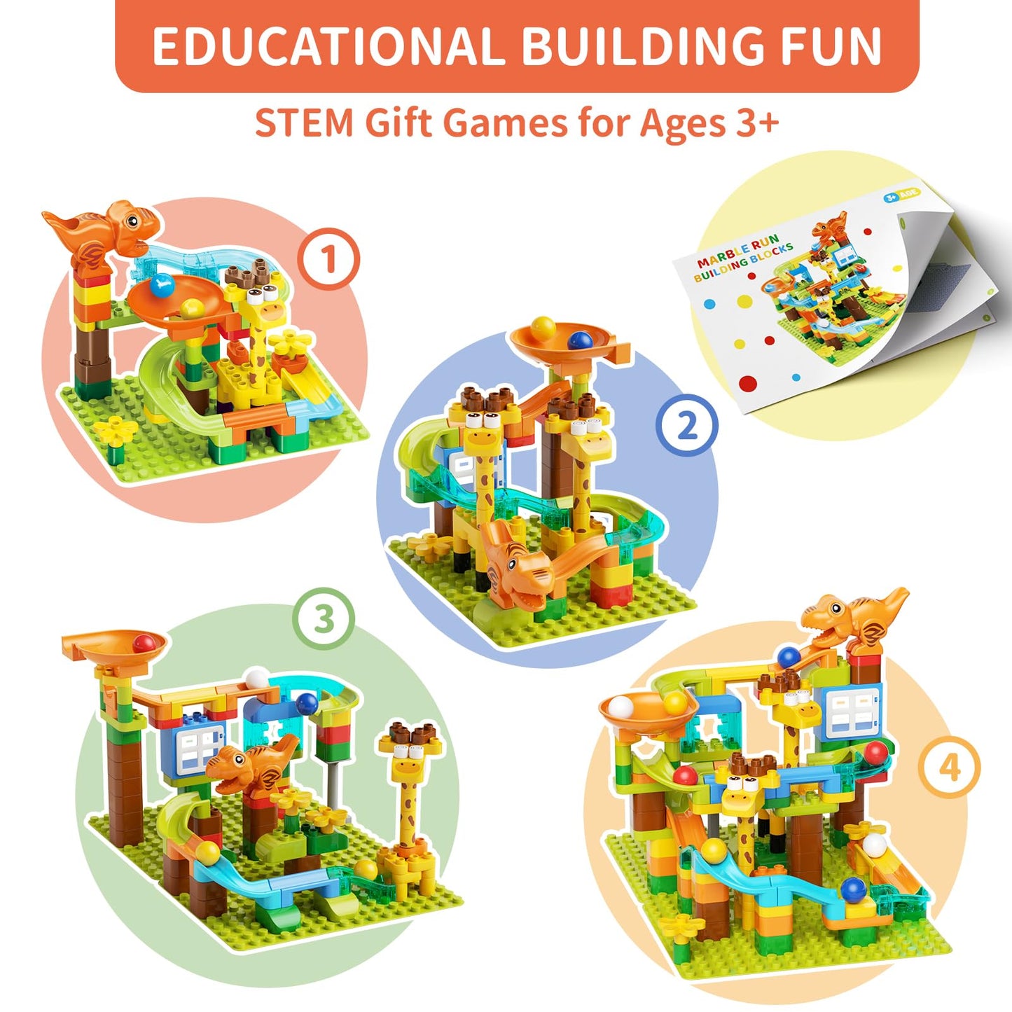 Marble Run for Kids Ages 4-8 145 PCS Dinosaur Giraffe Building Blocks with 10 Marbles Slide Dino Smooth Edges Design Works with Large Brick Toys STEM Track Toys Creative Gift for Boys Girls