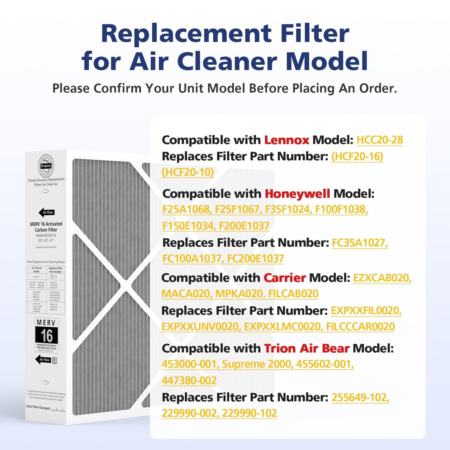 1 Pack 20x25x5 MERV 16 Air Filter Compatible with Lennox HCC20-28 Healthy Climate Carbon Clean MERV 16 Furnace Filter for HVAC System, Part Number HCF20-16, HCF20-10
