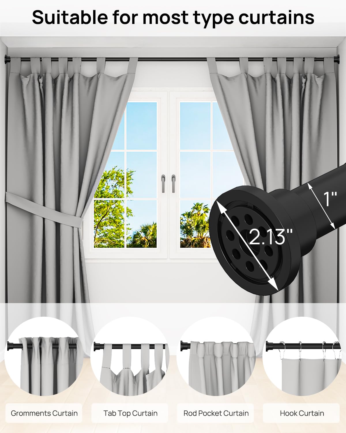 ALLZONE Heavy Duty Tension Shower Curtain Rod 42-83 Inches for Bathroom, Window, Non-Slip, Adjustable with Strong Spring Pole for Closet, Doorway, No Rust, No Drilling, Black