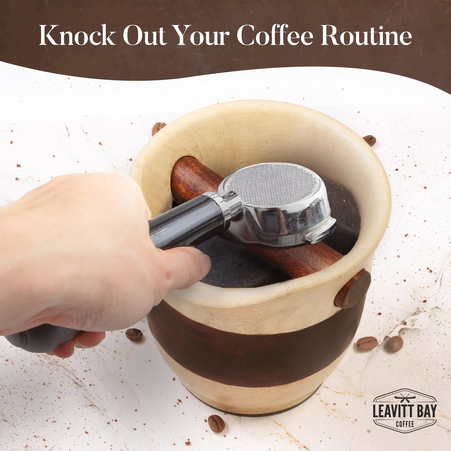 Leavitt Bay Espresso Knock Box โ Dual Tone Mango & Acacia Wood Coffee Knock Box โ Handcrafted, Durable Coffee Grounds Disposal Container w/Skid Proof Felt Pad - Ideal Barista Tools for Cafes & More