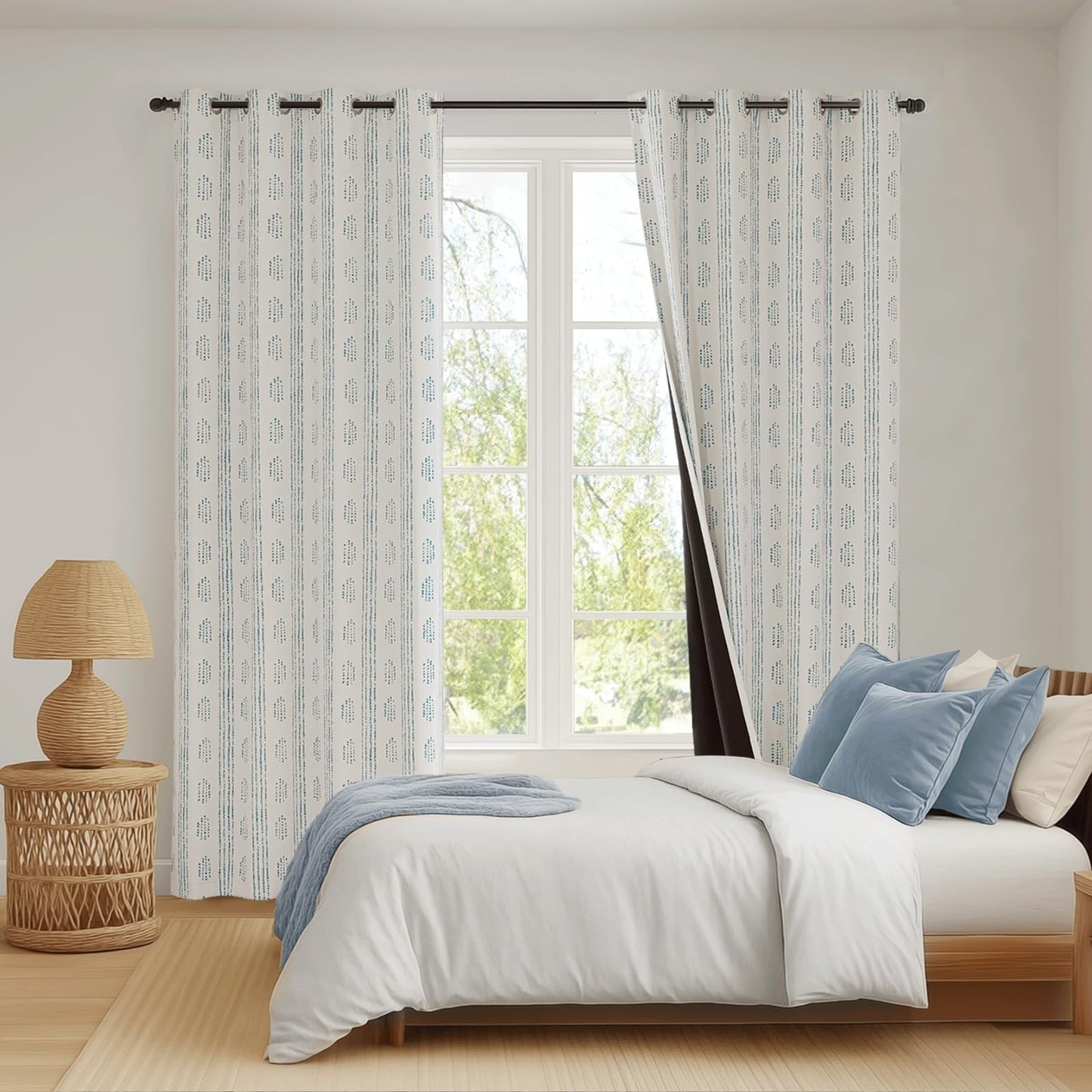 ugoutry 100% Boho Blackout Curtains 84 Inches Long for Bedroom, Blue on Beige Patterned Bohemian Curtains for Living Room, Geometric Striped Thermal Insulated Window Drapes Gromment Top 2 Panels