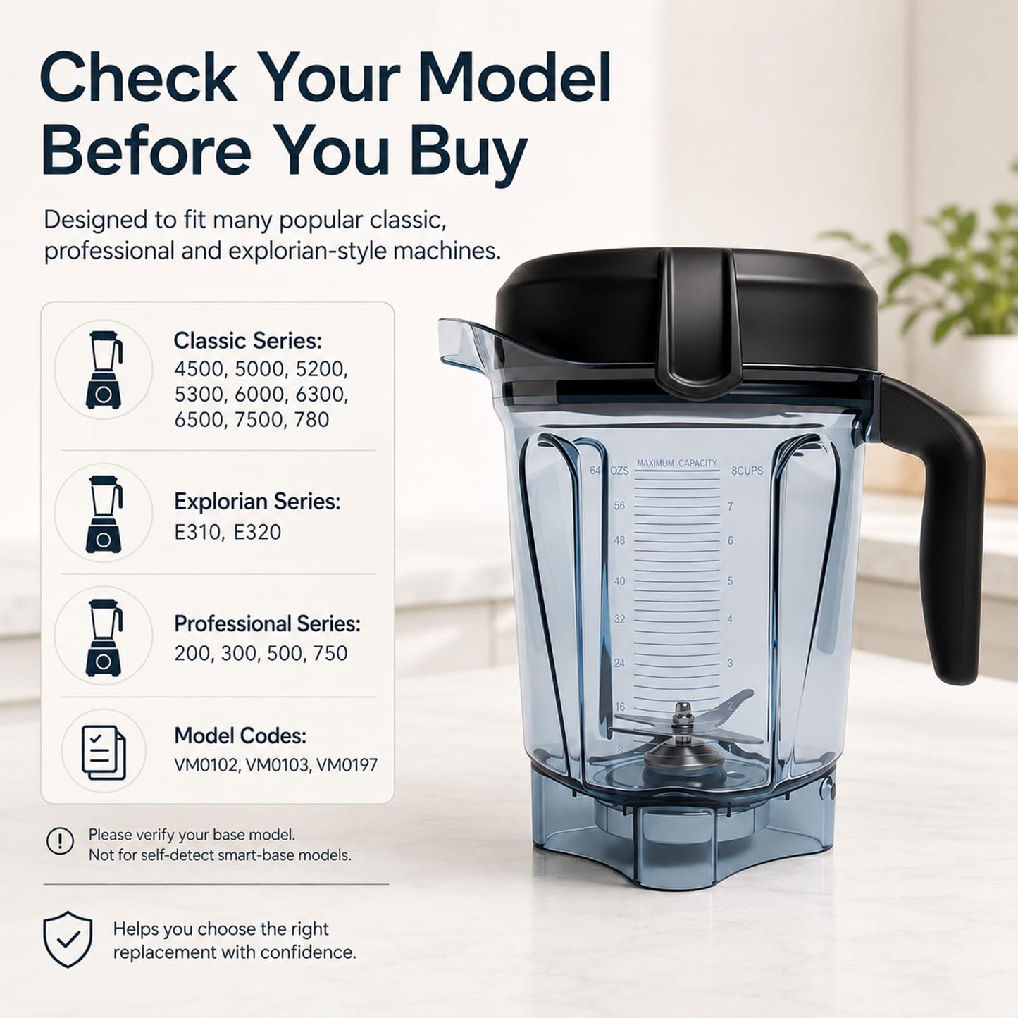 64oz Low-Profile Blender Pitcher Compatible with Vitamix 5200/7500/5000/6300/750/E310/VM0102/VM0103/VM0197- BPA-Free Container Jar Cup for Classic & Explorian Series Etc
