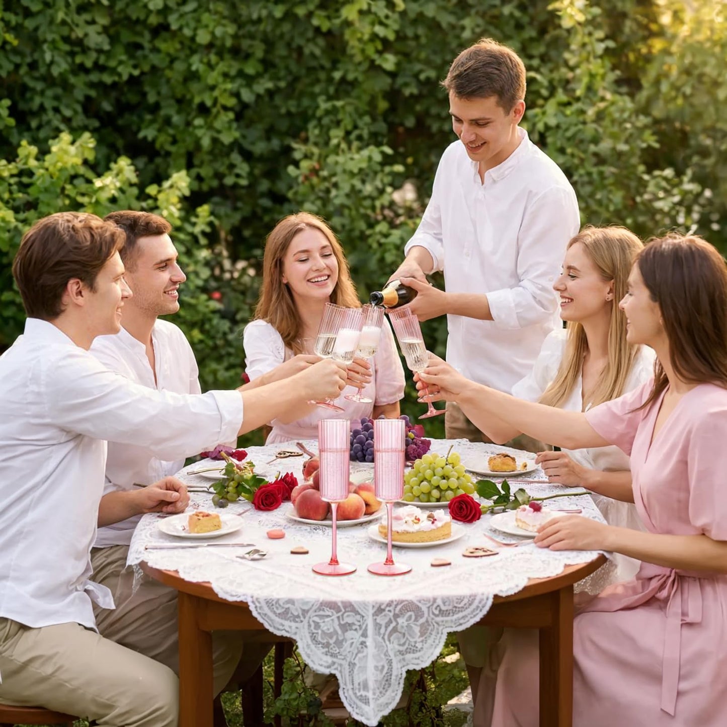 Joyido 36 Pack Pink Plastic Champagne Flutes - 6oz Ribbed Disposable Champagne Glasses - Clear Pink Vintage Mimosa Glasses with Long Stem Elegant & Lightweight for Wedding Party