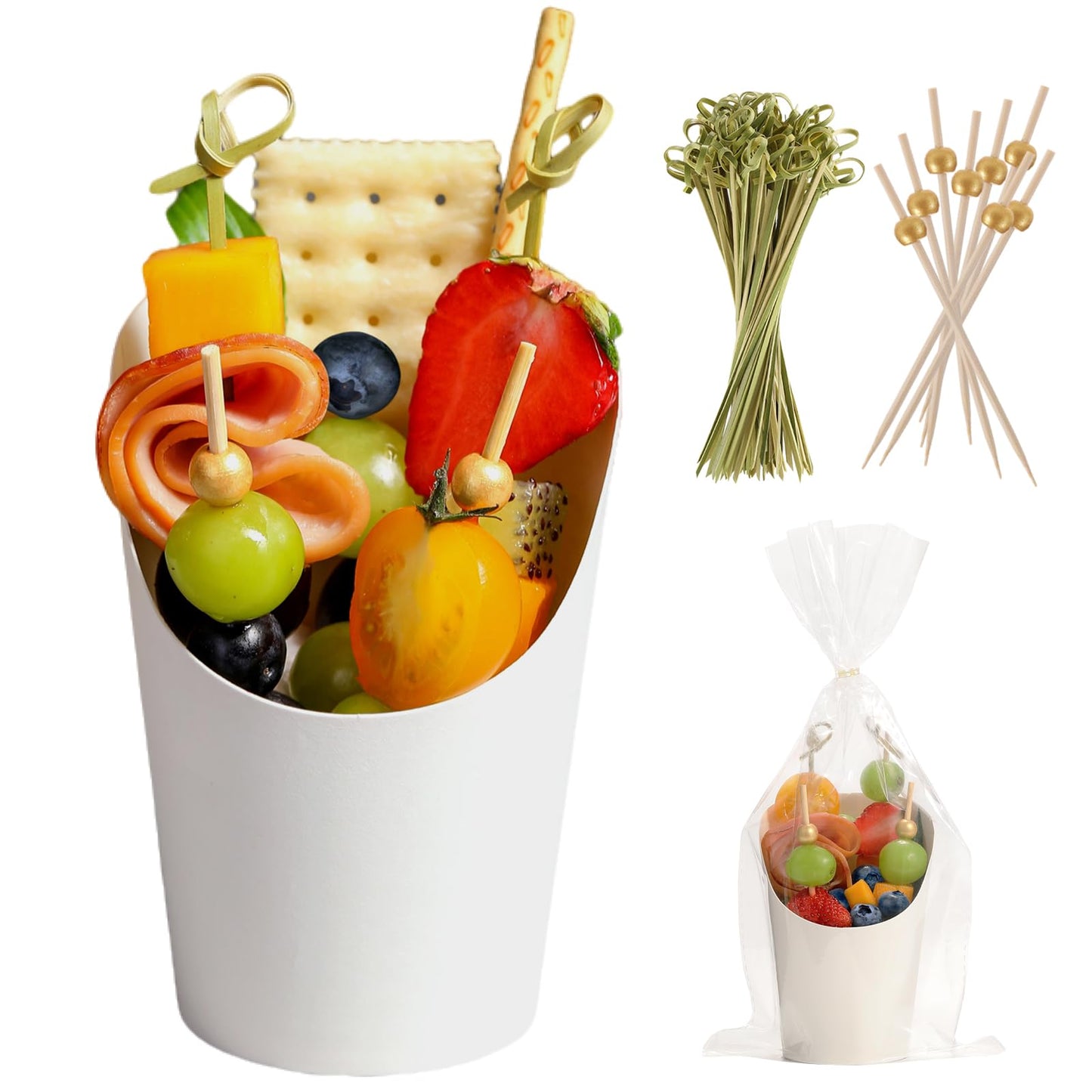 WixiTool Disposable Charcuterie Cups 120 PCS with 200PCS Sticks and 120PCS Bags, 14 oz Kraft Paper Snack Boxes Appetizers Cup French Fry Holder with Cocktail Skewers Toothpicks Tooth Picks, White