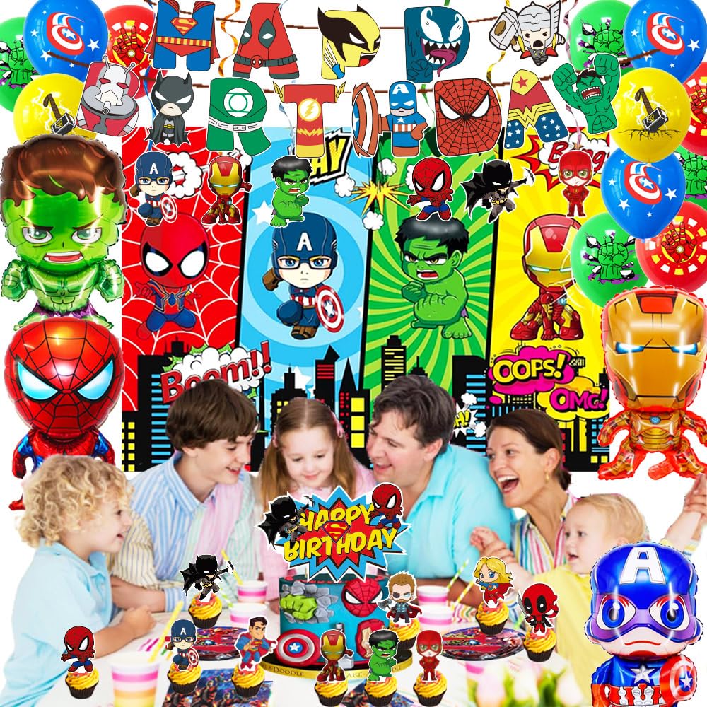 Avenger Theme Birthday Party Supplies Decorations, Including Birthday Banner, Tablecloth, Backdrop, Hanging Swirls, Balloons, Cake Toppers, Plates, Forks, Spoons for Cool Party