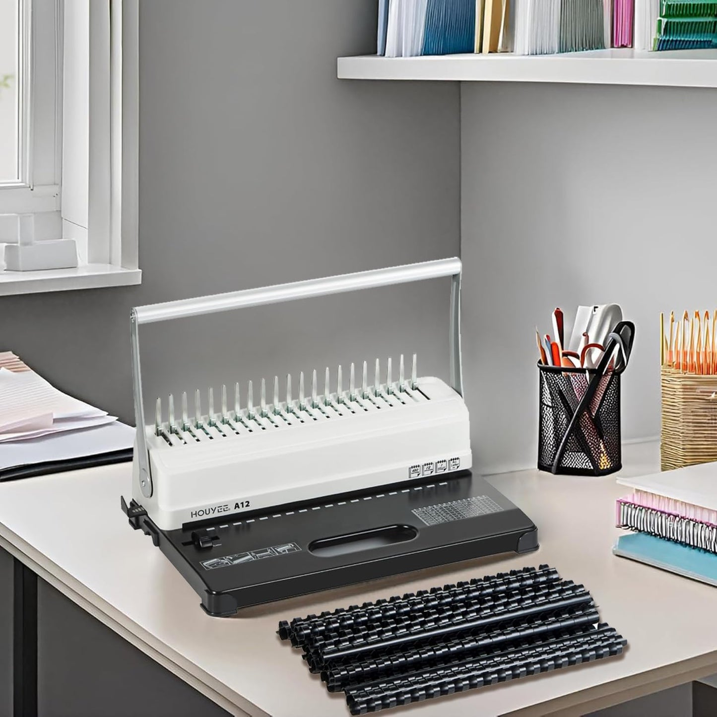 HOUYEE Binding Machine, 19 Holes, 450 Sheets, Comb Binding Machines with 50 PCS 1/2" Comb Binding Spines, Comb Binder Machine for Letter Size Paper,Adjustable Margin