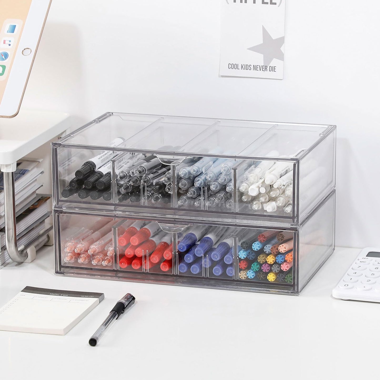GOXITAX Clear Pen Organizer with Drawer, 2 Pack Plastic Desk Accessories Storage Box with Removable Dividers for Home Office, School Supplies, Stationery, Art Crafts, Stackable Pencil Holder