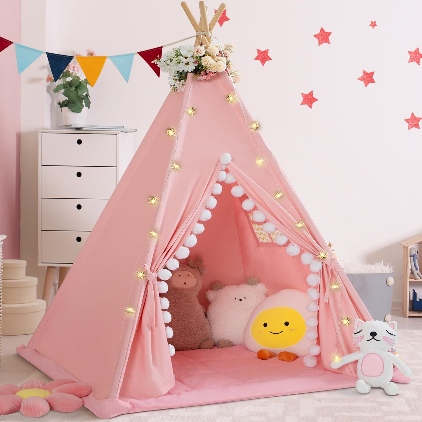 WIRHAO Teepee Tent for Kids with Padded Mat Cotton Canvas Kids Tent with Pompom for Toddlers Indoor Play Tent for Girls Boys with Stars Lights, Carry Bag, Banner Flag (Pink)