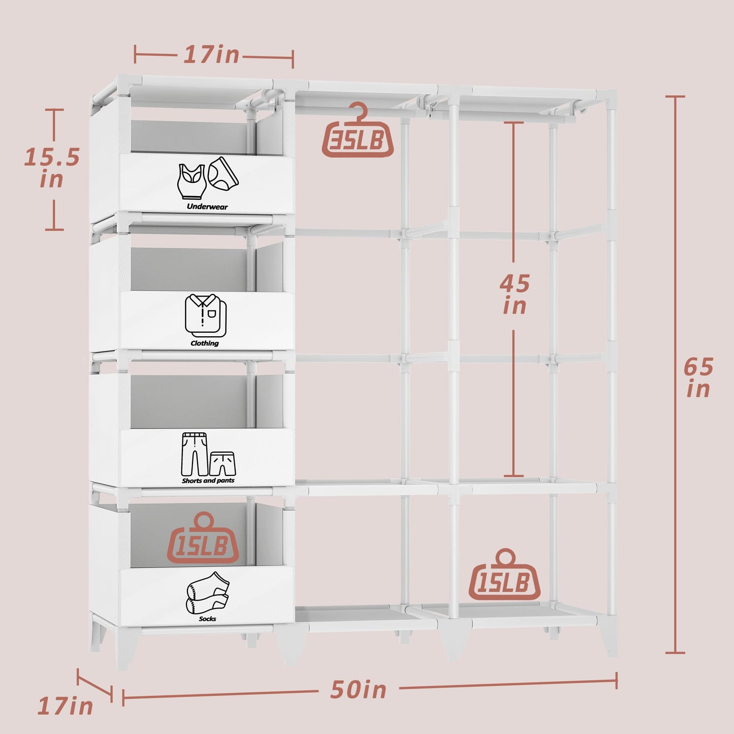 Jofuler Portable Closet, Easy Assembly, Large Capacity Wardrobe Closet, Sturdy and Stable Clothes Rack with Shelves 4 Storage Baskets and 2 Hanging Rods, for Bedroom and Cloakroom White