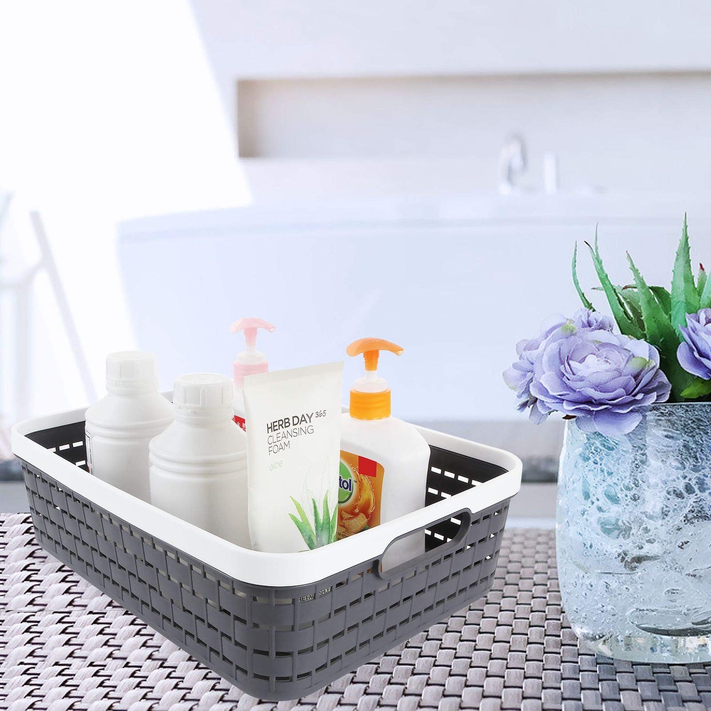 CertBuy 3 Pack Plastic Storage Baskets 14 x 10 x 4.5 Inch, Large Weave Storage Bins with Handle for Cabinet, Shelf, Kitchen, Bedroom, Bathroom and office – Dark Grey