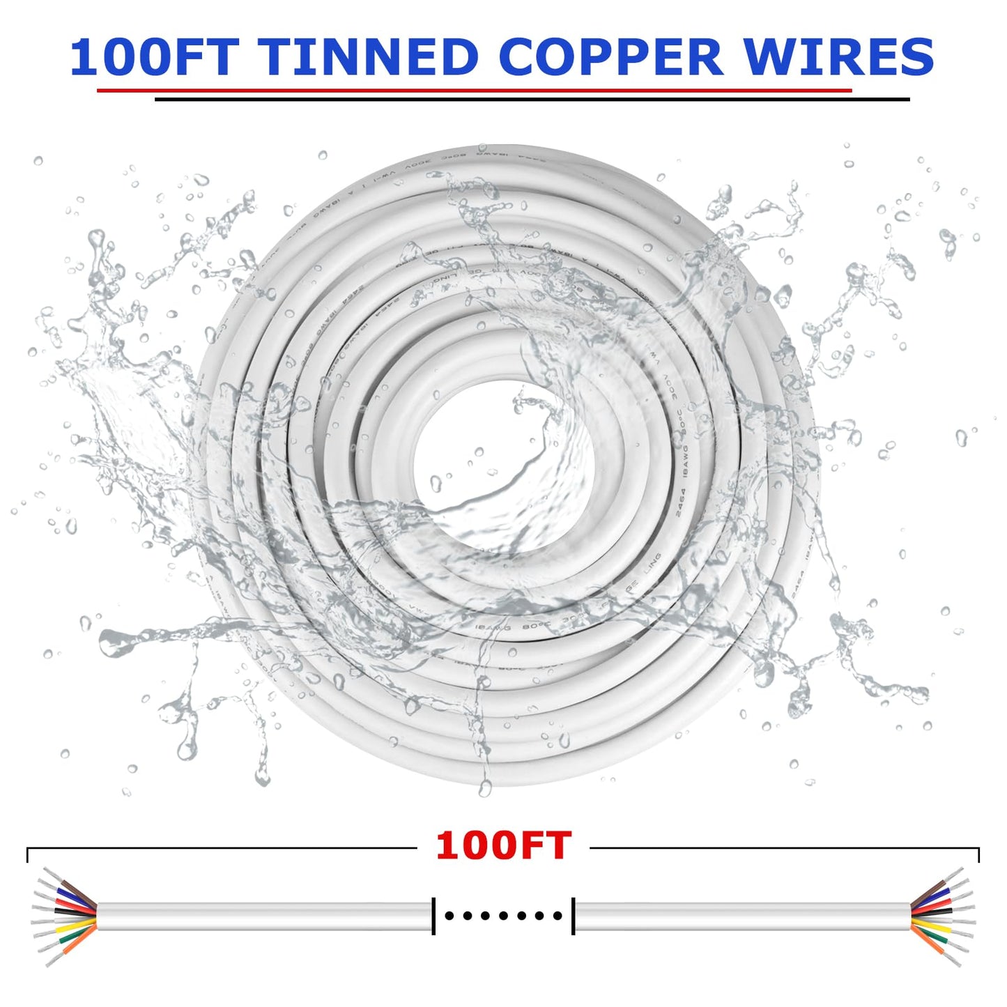 100FT 18 Gauge 8 Conductor Electrical Wire, 18AWG PVC Thermostat Wire, Low Voltage Landscape Wire for LED Lighting Strips Automotive Security Alarm Speaker, White
