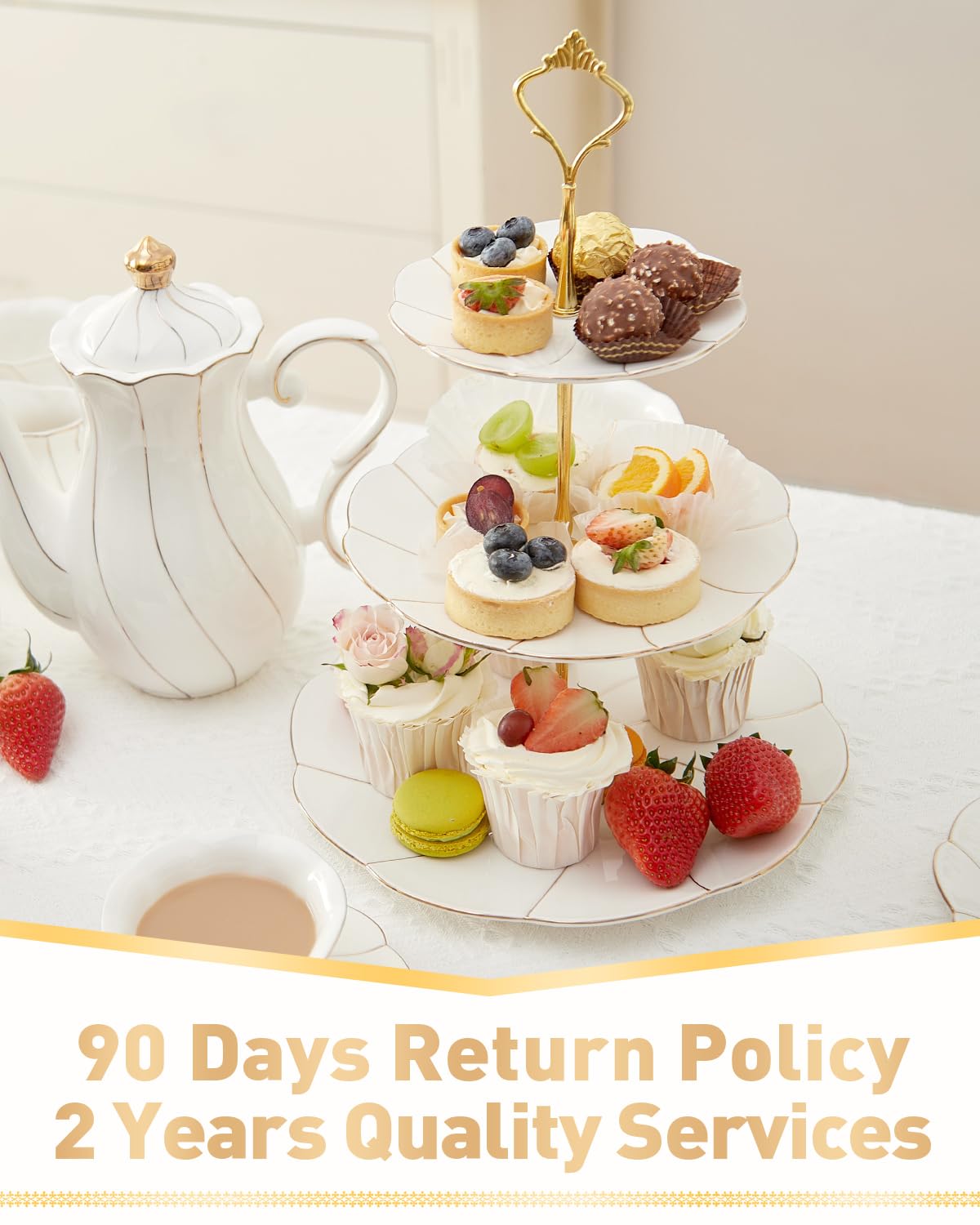 DUJUST Luxury Porcelain 3-Tier Cupcake Stand Tower, British Style Serving Tray with Golden Trim, Food Grade Dessert Display Stand, Beautiful Gift for Tea Party & Home Décor