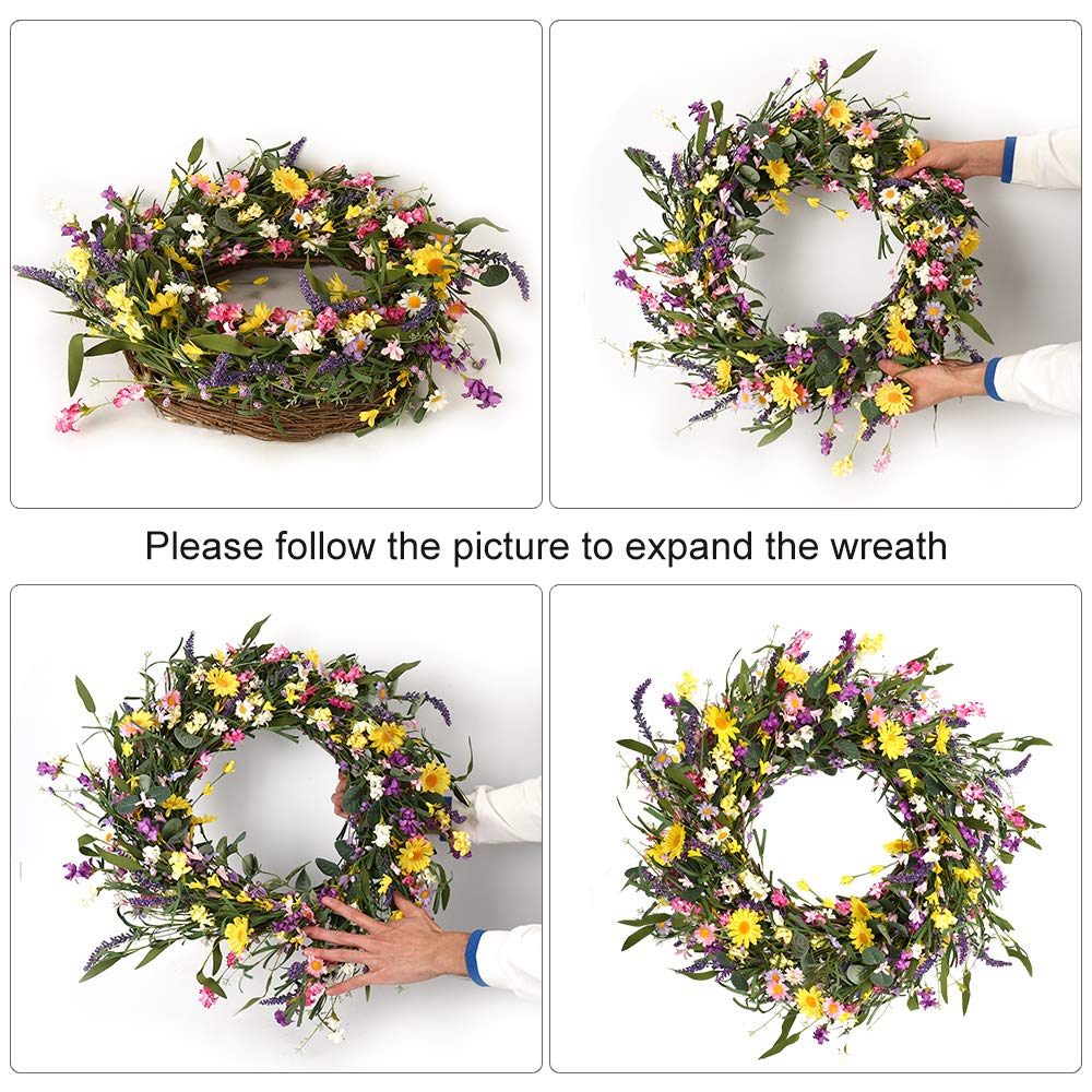 J'FLORU Spring Wreath 24 Inch Summer Wreaths for Front Door Artificial Flower Wreath with Daisy and Lavender for Indoor Outdoor and Easter Celebration
