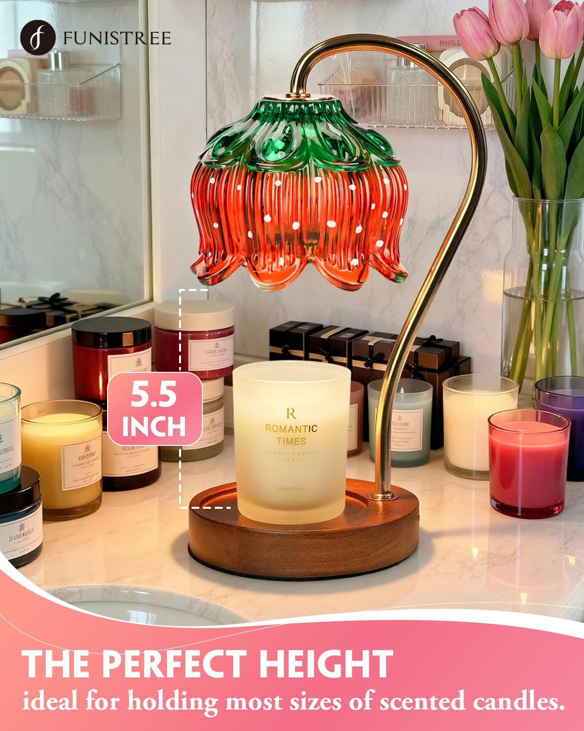 Funistree Flower Candle Warmer Lamp with Timer, Dimmable Candle Lamp Warmer, Christmas Birthday Gifts for Women Mom Her, House Warming for Home Decor, Lotus Wax Warmer for Yankee Candles-Strawberry