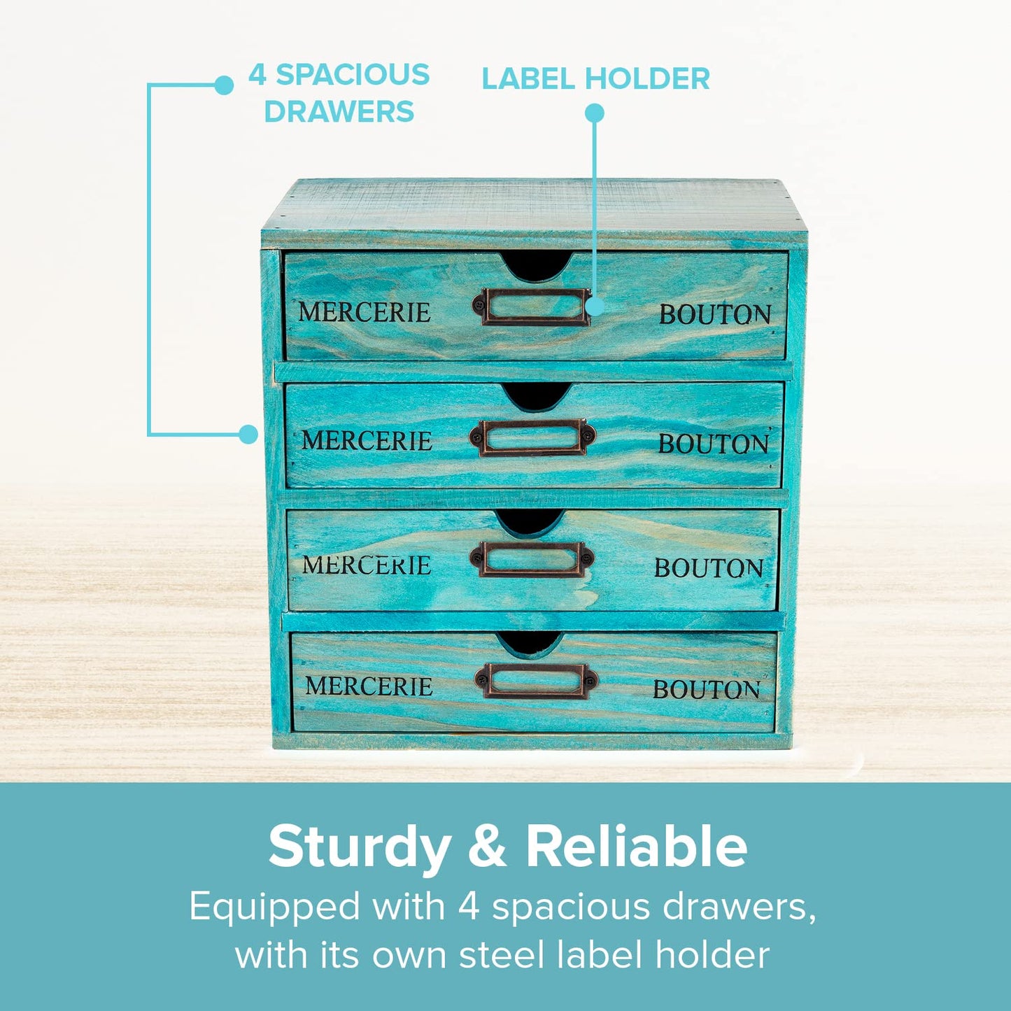 Turquoise 4-Tier Drawer Unit - Teal European Country Style Desk Organizer Box - 9.7x7x10 Wooden Stackable Drawers - Countertop Organizer Drawers w/Label Holder - 4-Level File Drawer Unit