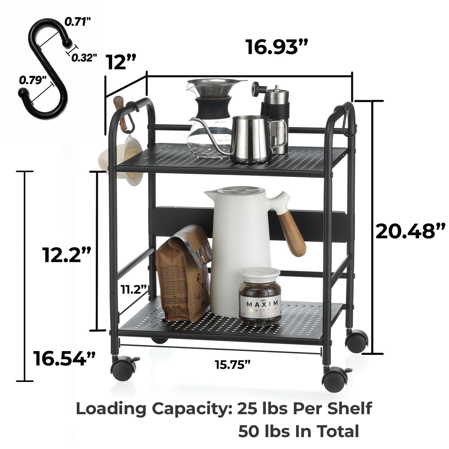 FORSTORAGE 2-Tier Metal Rolling Cart, Under Desk Storage with 12.2" Shelf Clearance, Anti-Drop Guard & Hooks, Compact Utility Cart for Kitchen, Office, Laundry, Bathroom, Pantry, Living Room - Black
