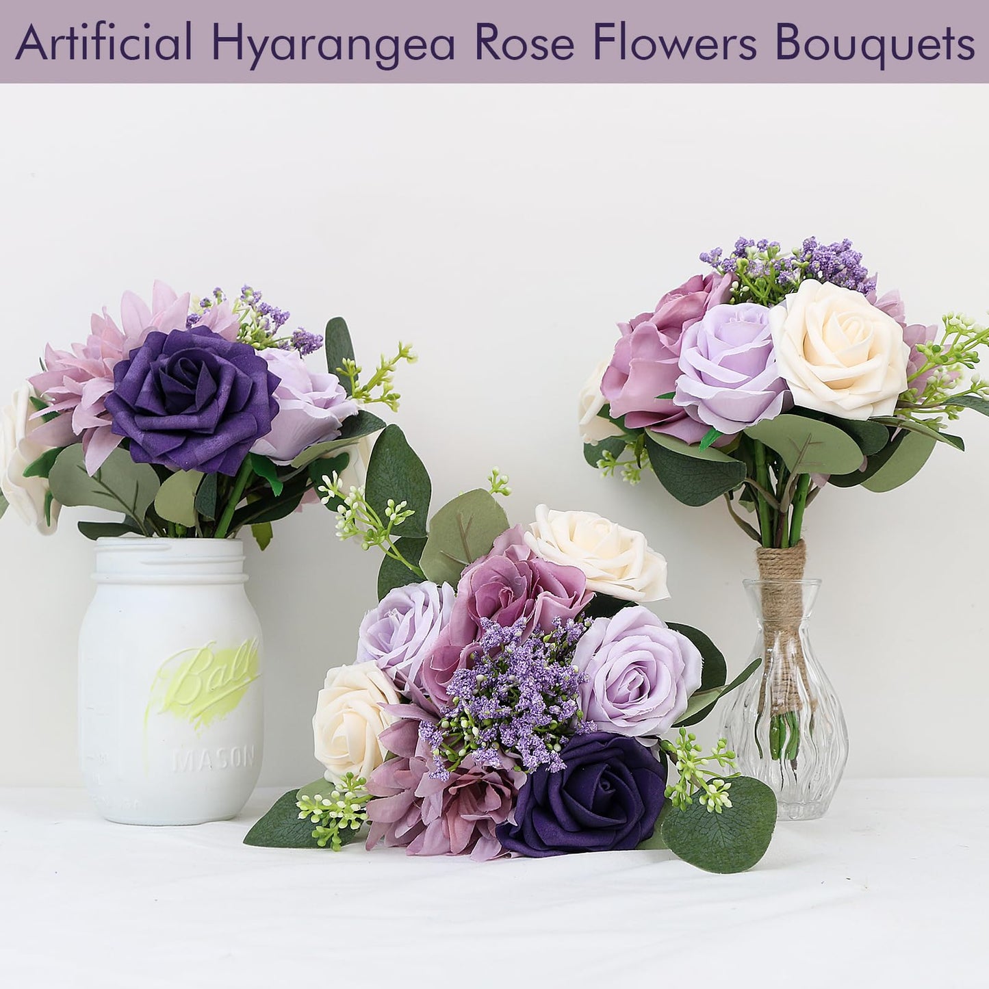 Artificial Bridesmaid Bouquets 6 Pcs - 7 Inch Pre-made Bridesmaids Bouquet Small Silk Rose Handmade for Wedding Holding Flowers, Bridal Shower Wedding Centerpieces Ceremony and Anniversary- Lilac
