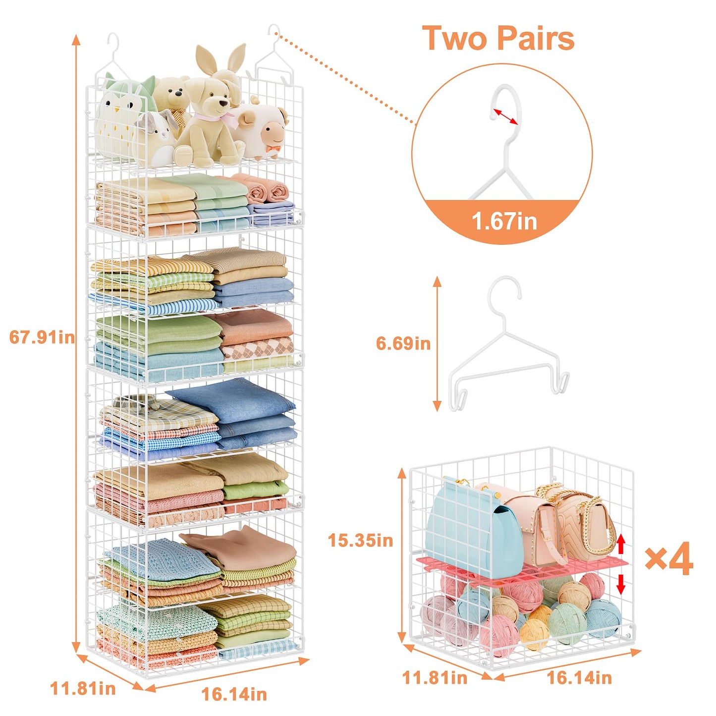 8 Tier Extended Width Hanging Closet Organizer, Sweater Storage for Closet Organizer System, Stackable Wire Basket Bins for Clothes Purse Shoes, Hanging Shelves with 4 Hooks & 4 Dividers Adjustable