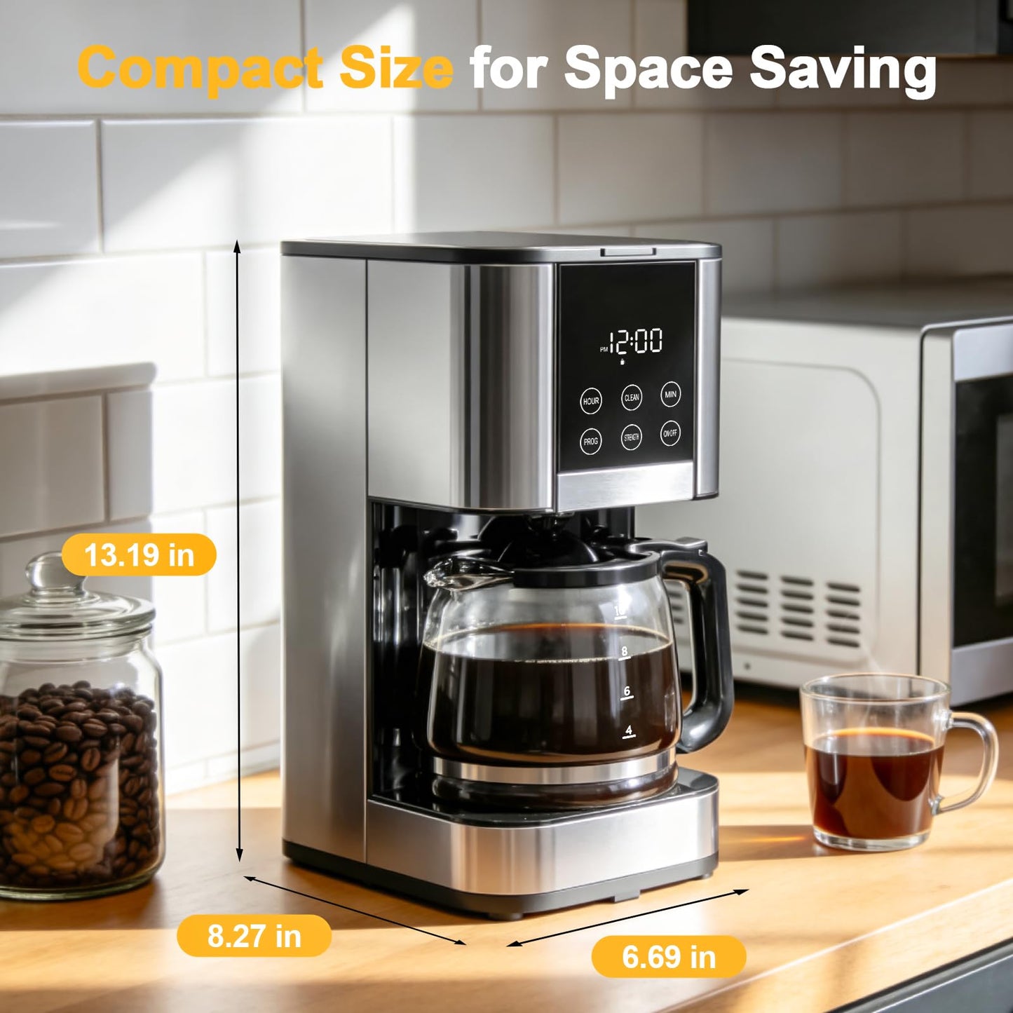 10 Cup Programmable Drip Coffee Maker, Adjustable Brew Strength, Pause & Serve, Heat Resistant Glass Carafe, Permanent Filter, Auto Shut Off, Stainless Steel, Compact Coffee Machine for Home Office