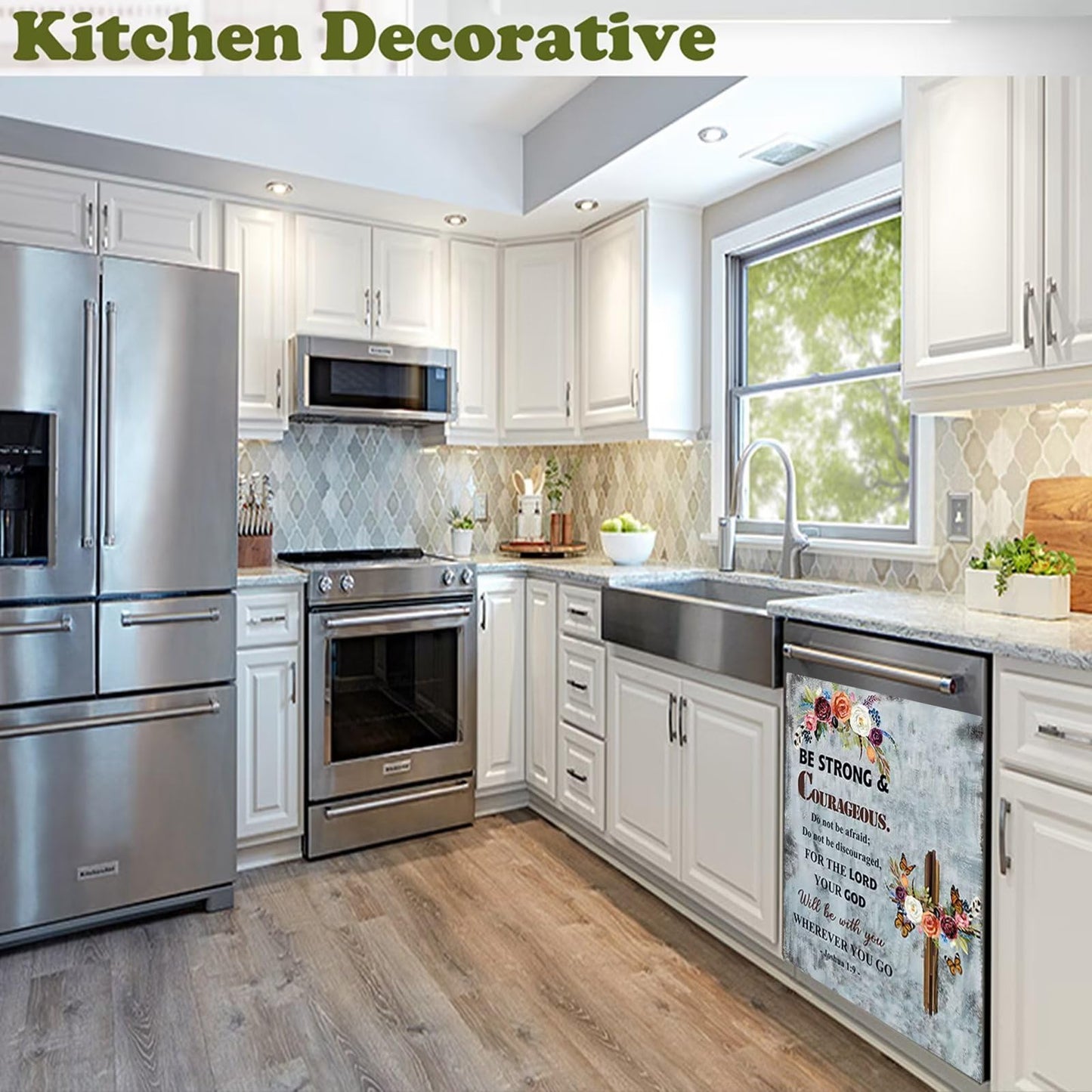 Religious Quote Dishwasher Magnet Cover,Joshua 1:9 Dishwasher Cover for Front,Rustic Country Style Magnetic Decal,Cross Fridge Magnets Decorations,Christian Gifts for Women,23"x26"
