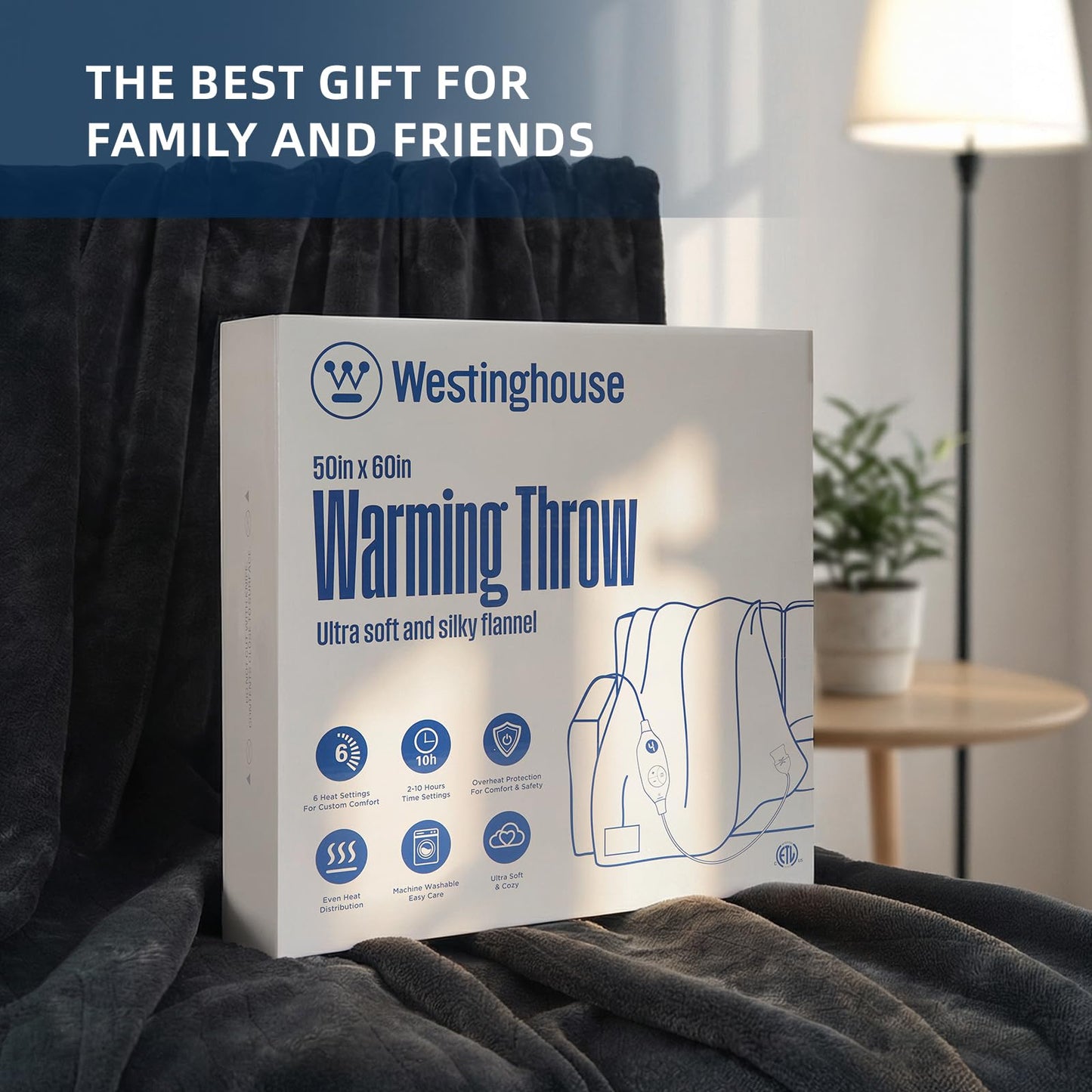 Westinghouse Heated Blanket Throw, Electric Throw with 6 Heating Levels, 2-10 Hours Time Settings, Overheat Protection, Machine Washable, Flannel (Throw, 50x60 Inches, Charcoal)